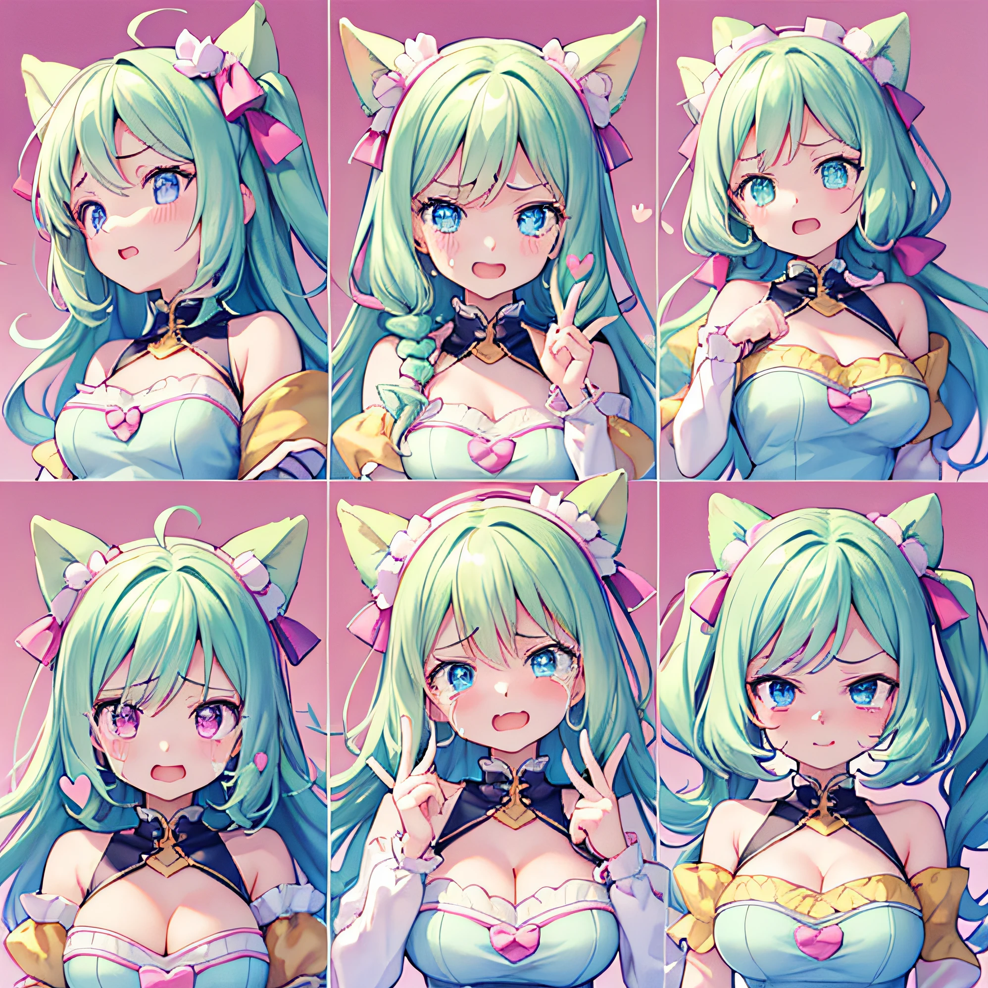 4 different expressions,expression surprised,The expression is angry,Happy expression,Expression crying,Masterpiece, 1girll, heartthrob, closeup cleavage, Big eyes, kawaiitech, kawaii, ,Pastel colors, Best quality, cheerfulness, The background is pure white and well-proportioned, Tilted head