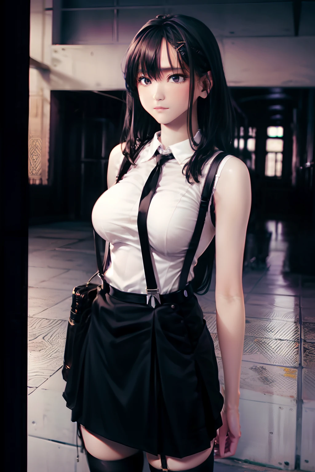 a black skirt, neck tie, Tank tops suspenders, Long Black Hair, Gray eyes, holster, Garter belt on the legs, , Big breasts, Pichi Pichi clothes, both sides deadpan Behind