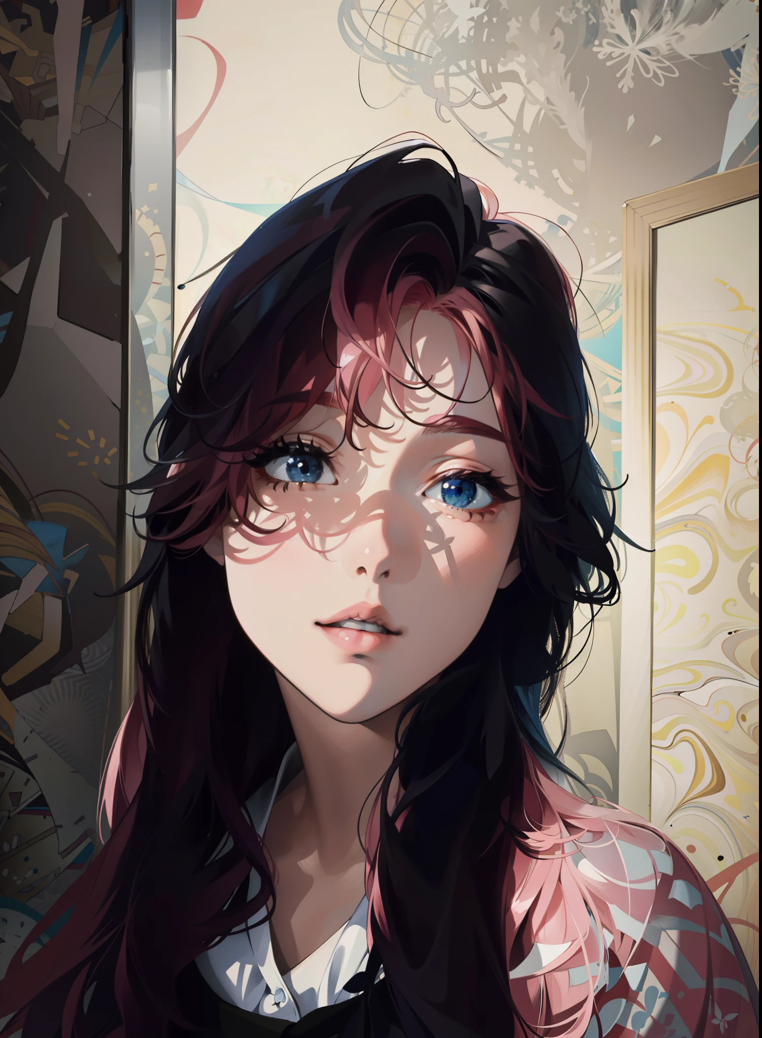 ((masterpiece:1.2, best quality)), ultra detailed, Ultra-precise depiction, Ultra-detailed depiction, (zentangle:1.2), (dynamic pose), (abstract background:1.5), wavy long hair, pink hair, 1girl, colorful, portrait, (from above:1.2)