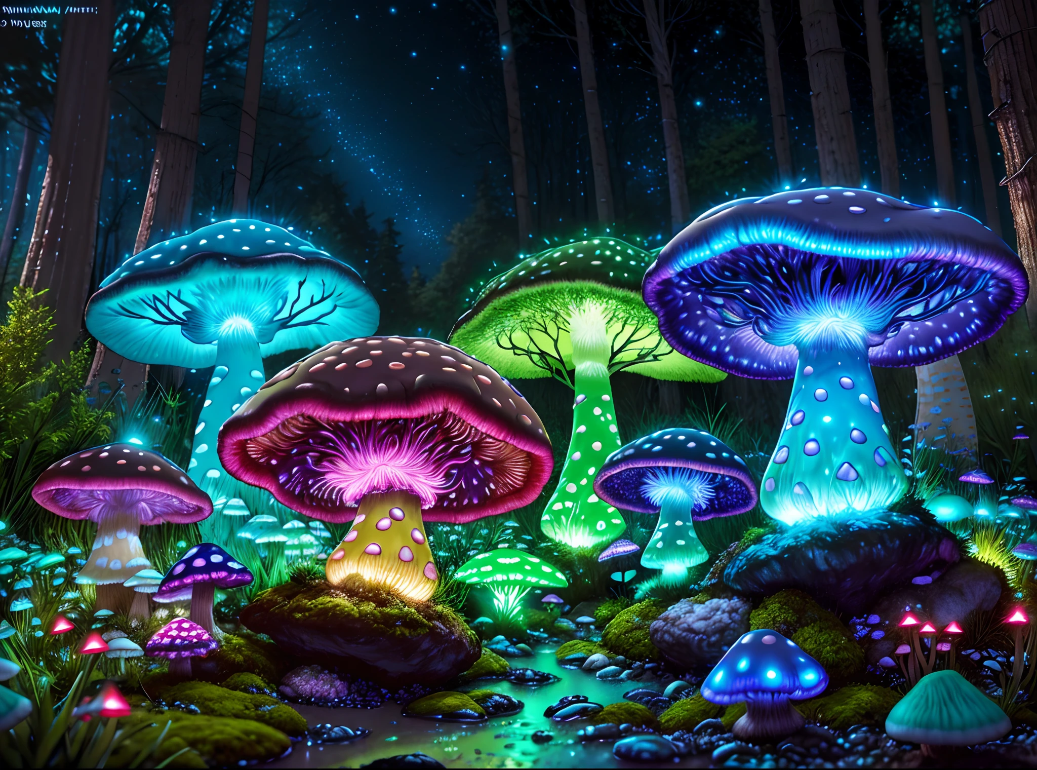 (highly detailed:1.2),(best quality:1.2),8k,sharp focus, (subsurface scattering:1.1)
(glowing magic bioluminescent mushrooms:1.2),psychadelic magic particles inthe air,  (neon bioluminescent mushroom forest at night:1.2), (magical fireflies:1.2)
(very detailed trees and rocks and moss:1.2), (highly detailed background:1.3), RPG, Elden Ring style, (fantasy:1.3),(hyperrealistic:1.1), (((night))), cinematic lighting, highly detailed, artstation,smooth, sharp focus, artgerm, greg rutkowski, editor's pickup, trending on artstation, trending on deviantart, wlop, (contrast:0.4),