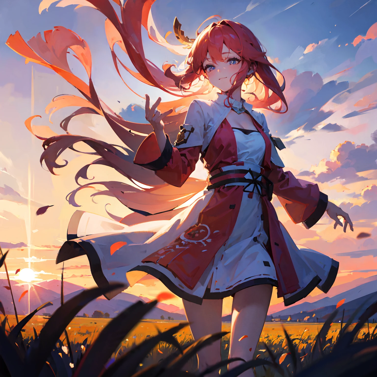 Girl standing in a field, closeup cleavage, Portrait, Clouds, Sunrise