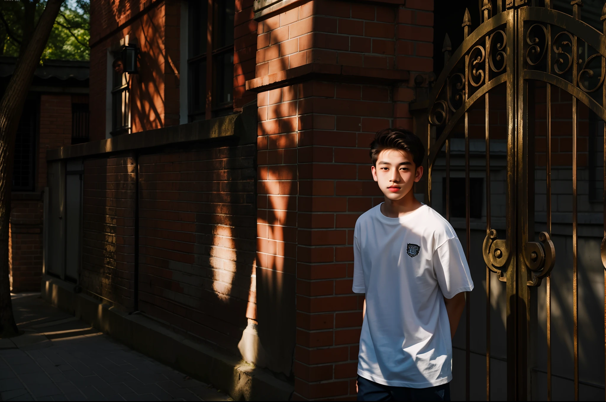 A picture,The boy stands in front of the red brick wall and iron gate, Wearing a white T-shirt,Sunny afternoon, portrait a 1 5 - year - old boy, vogue cover photo,sportrait,(tmasterpiece:1.3),8K,Super resolution,Cinematic lighting effects,