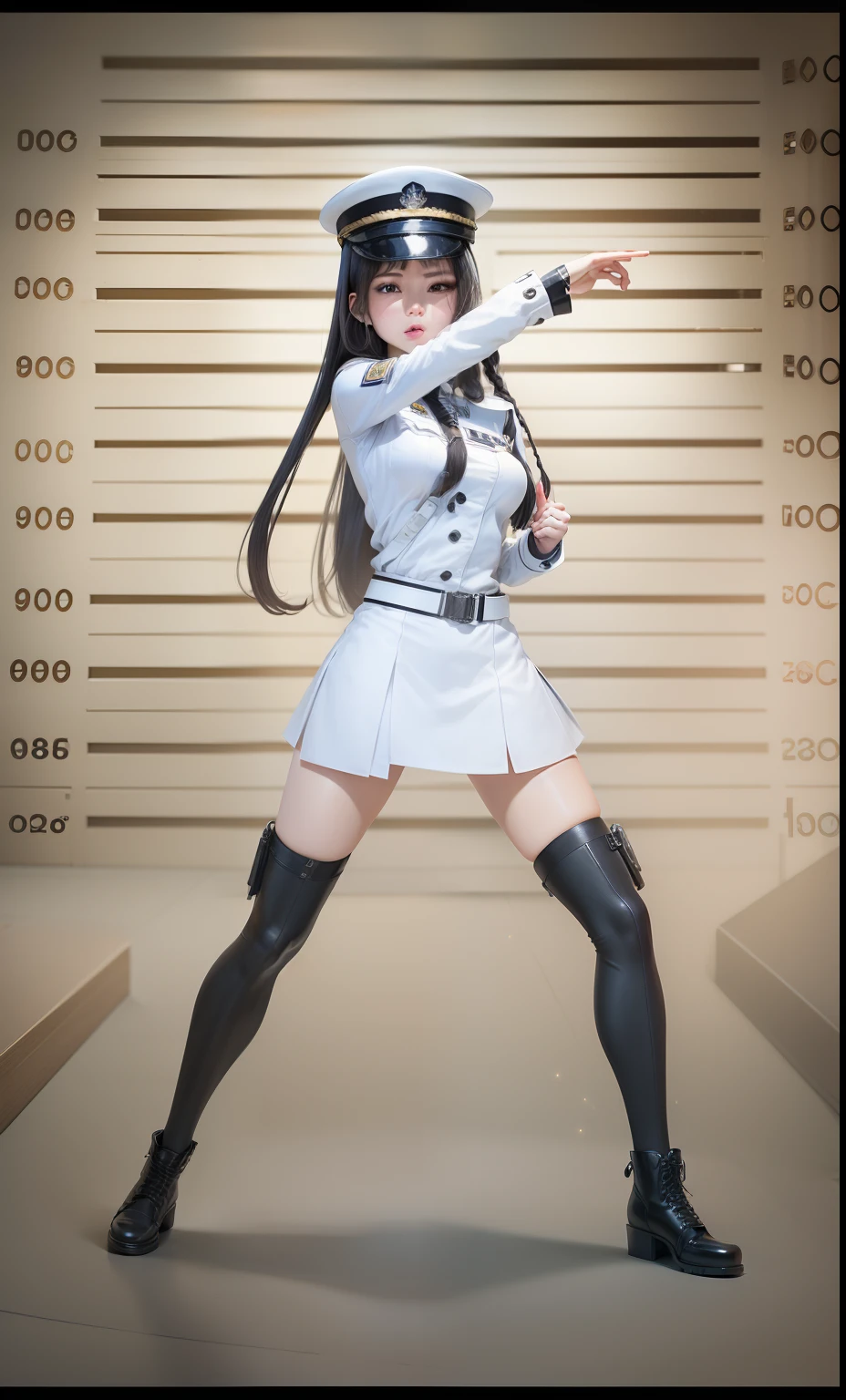 1Man Woman((top-quality、8K、masterpiece:1.3))、full bodyesbian、focus clear:1.2、Excellent style:1.4、masuter piece、(Realisticity: 1.2)、(Photorealsitic:1.3)、
realisitic、realisticlying、Raw foto、hyperdetailed face(Long hair tied on the right side、Neat and clean female face、cool expression)、hyper detailed background(Rooms with handcuffs, etc.)、Ultra-detailed costumes(Military uniform in white mini skirt(White Army Cap)Leather belt、Braided boots above the knee)、Ultra-detailed body(slightly bulging chest、slim、But fleshy legs)、Ultra-detailed skin、full bodyesbian、A tall