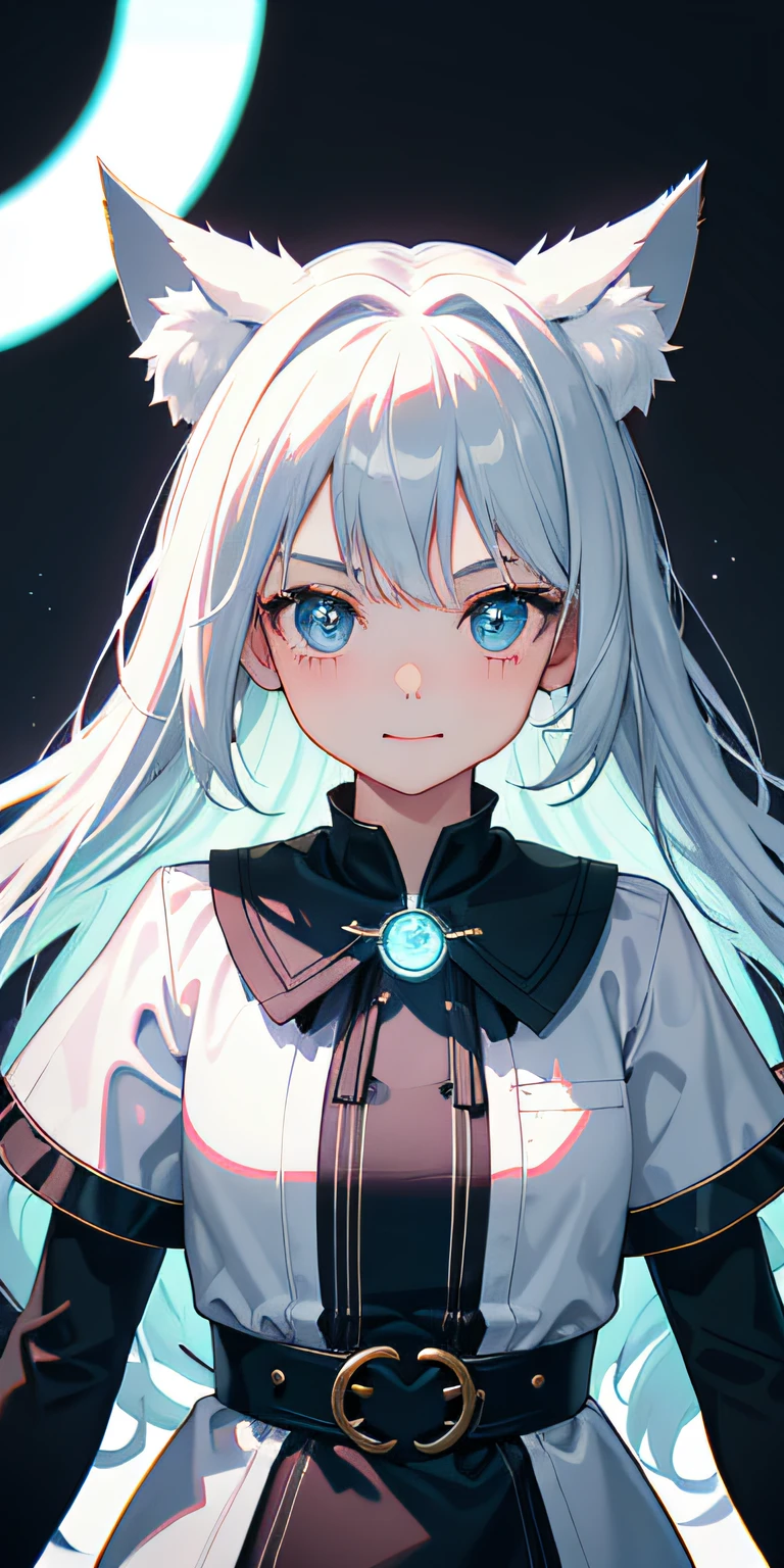 1girll, adolable, with light glowing, side-lighting, PC Wallpapers,black hair, hair bobbles, wince, longeyelashes, solid circle eyes, fake animal ears, light smile, ear blush, fang, Surrealism, drop shadow, anaglyph, stereogram, tachi-e, pov, atmospheric perspective, 8k, super detail, ccurate, best quality