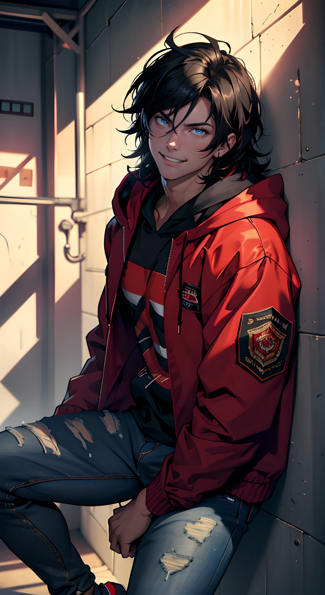 (tmasterpiece, high resolution, ultra - detailed:1.0), (1 boy, Young male), Eyes looking at the camera, Perfect male body, Delicate eyes and delicate face, Extremely detailed CG, 8K wallpaper, Complicated details, solo person, Detailed face,(Red jacket, Black hoodie, wind coat, long black jeans, Red sneakers, Evil smile, Straight black hair, Messy hair, jail cell, underground room), color difference, Depth of field, dramatic shadow, Ray tracing, Best quality, Cinematic lighting, offcial art, Portrait