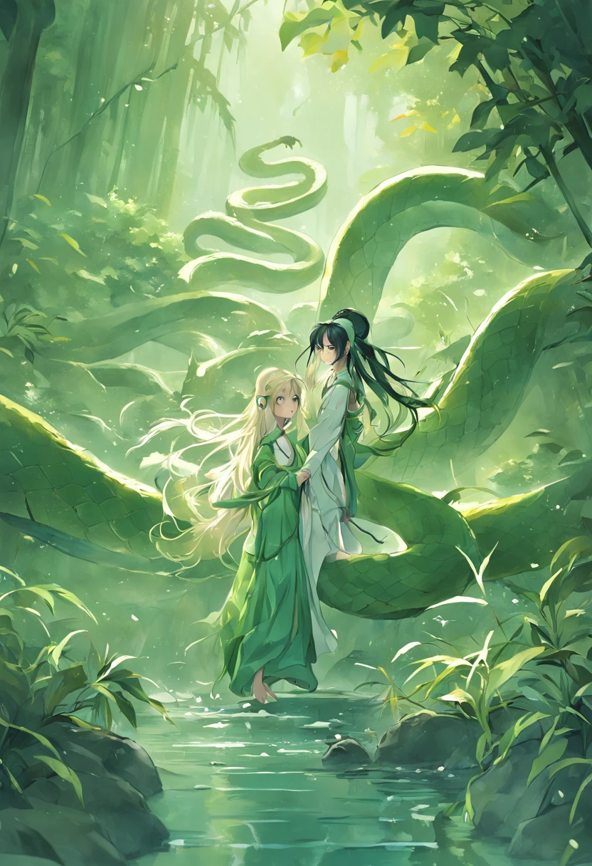 The legend of the white snake, twin sisters with the green snake, the upper body is a human, the lower body is a snake, the two are entangled in the stream, the sound of the bamboo forest, the waterfall in the distance, ancient style, Chinese style, cinematic sense, realism, 3D