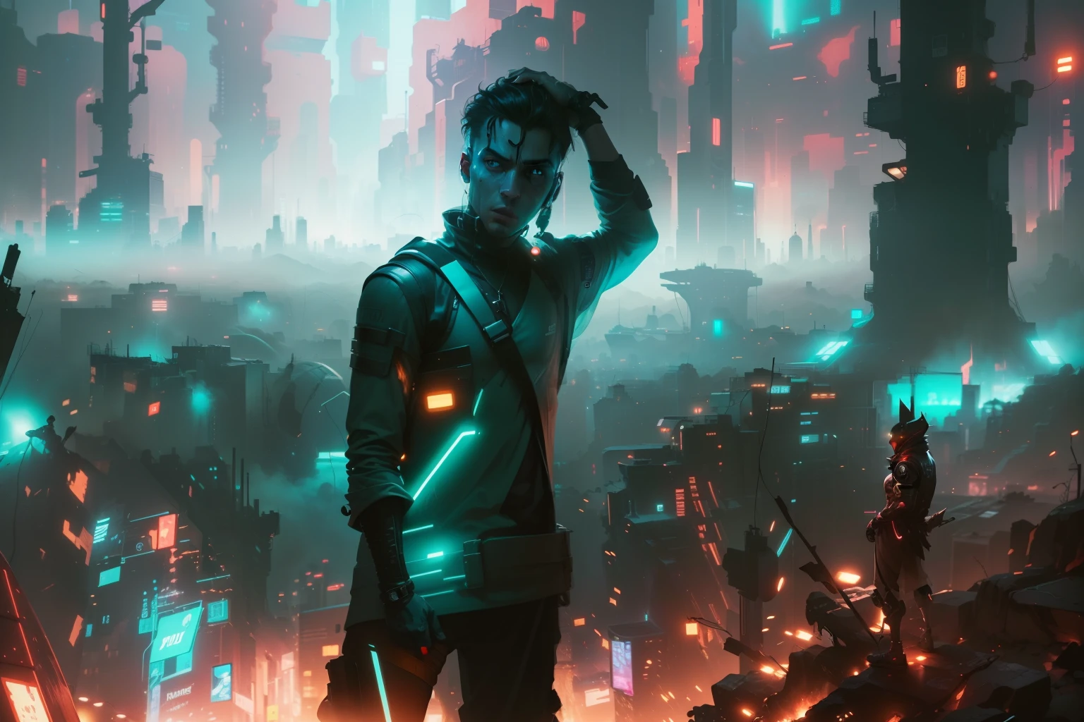(best quality:1.3), (best performance:1.2), (best illustration:1.2), (Comic style:1.2), (artistic cinematic lighting:1.2) (1man) wearing futuristic technological Cyberpunk electronic robes, his body is covered by metallic parts, in a cinematic horror movie background in a futuristic Cyberpunk city.