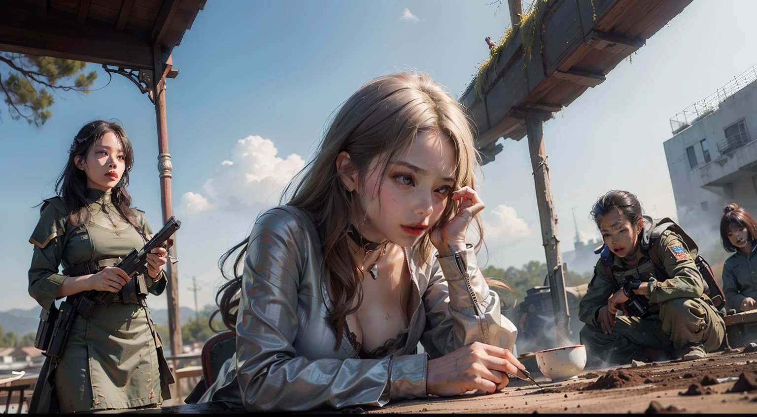 (realisitic,Photorealsitic:1.4),(Beauty and Enemy Groups:1.3),(beautiful countenance:1.5),Detailed shiny skin,A detailed eye,Precise hands and fingers,8K HDR, , masterpiece, (Dynamic Angle Video),电影灯光, Finely drawn backgrounds,(Decadent,scientific fiction,mud, Dust and dirt,Traces of war:1.2)Beautiful Russians,battle suits,Silvery hair,Neck choker,Thailand,Scenery of the summit,Woman fighting alone surrounded by enemies,In the midst of a battle,hold a gun,gun fight