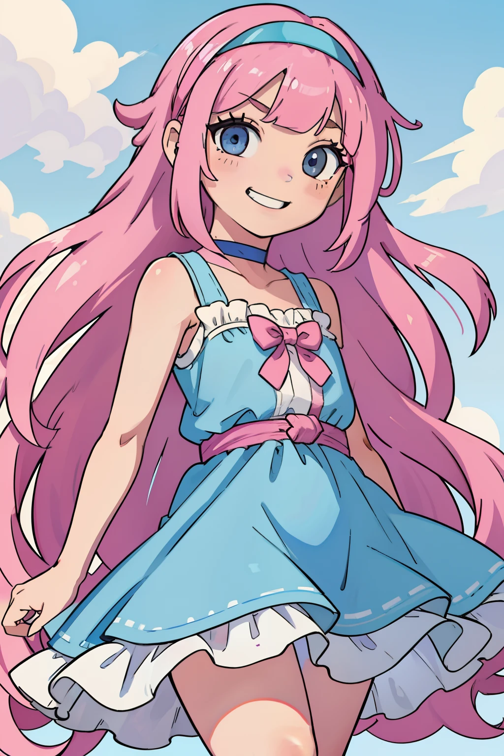 Solo, girl with, Petite, child, 10 years old, Lori, Pink hair, Long hair, Quirk hair, Intake of large amounts of hair, Happy smile, shiny eyes, Blue eyes, sundress, hairband, Choker, Sleeveless, off shoulders,