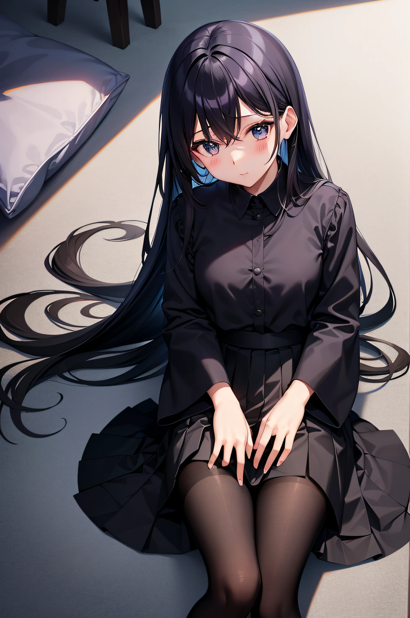 tmasterpiece、Need、Highest high resolution、Japanese high school student、Japanese high school girl、deep blues+Black top、a black pleated skirt、The slender legs are wearing dark black pantyhose