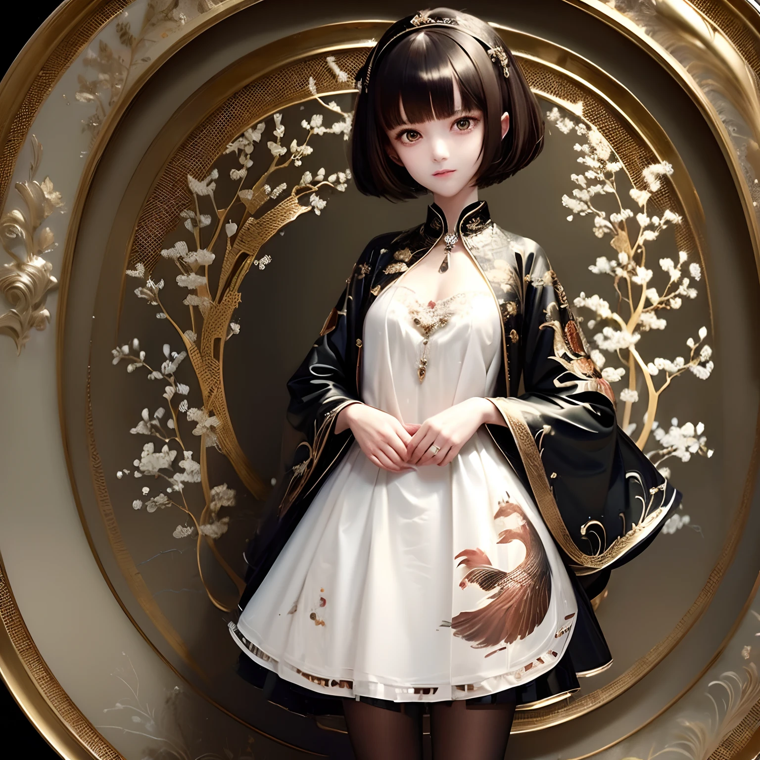 (masterpiece:1.3),(best quality:1.4),ultra high res,(detailed eyes),(detailed facial features),(detailed clothes features),HDR,8k resolution, solo focus, bangs, skin tight, (shiny skin),(slender girl),dreamlike,
(extreme detailed illustration),check commentary,commentary request,scenery,no text,
VirtualGirl-Rin, happy, smile, (small breasts), bangs, bob hair, short hair, brown hair, brown eyes, black choker,
1girl, (solo),
sexy Maid, Maid hair band,Maid dress,Maid apron,Maid skirt,Maid stockings,black leather shoes,