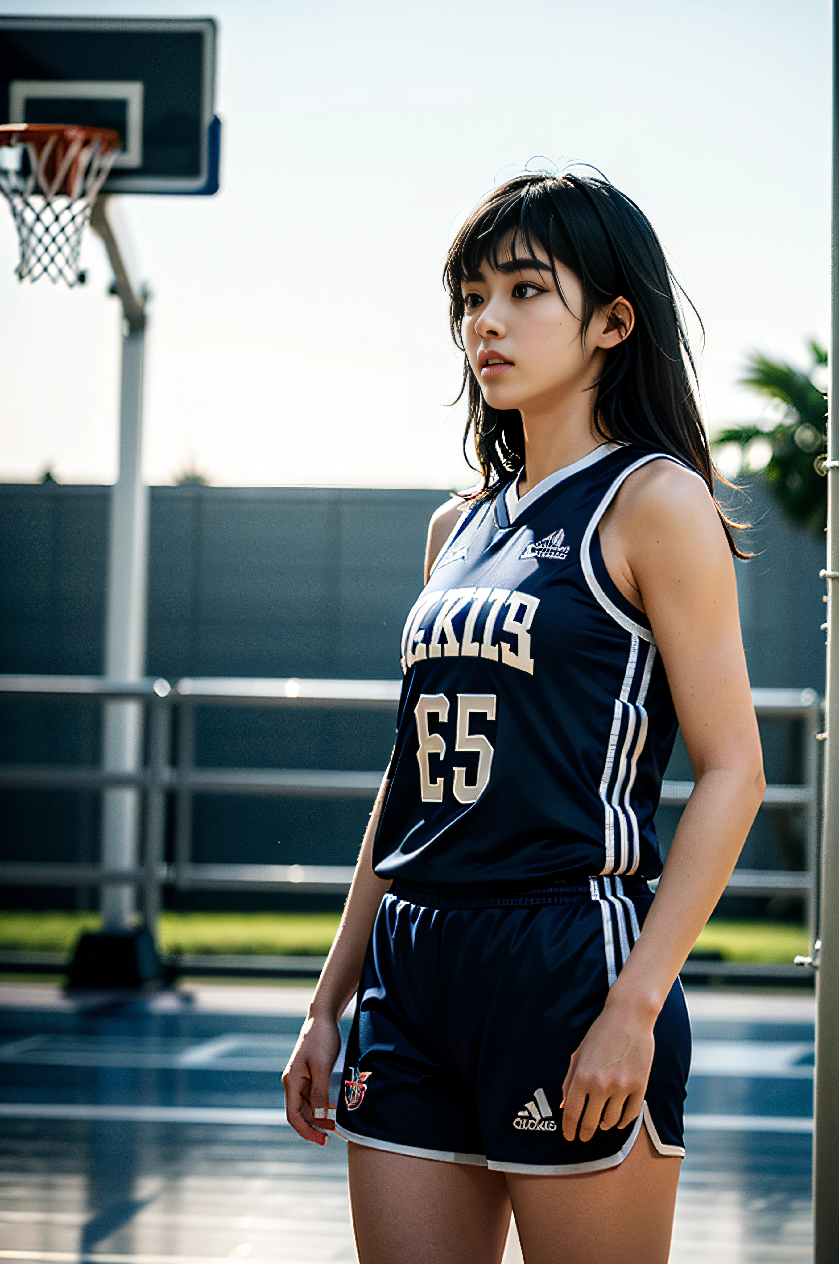 (8k, Best Quality, Masterpiece: 1.2), (Realistic, Realistic: 1.37), Ultra Detailed, Best Quality, Ultra High Resolution, Professional Lighting, Photon Mapping, Radiosity, Physically Based Rendering, Cinematic Lighting, Basketball Court, Depth of Field, Sharpness focus, sunlight, good composition, (bokeh: 1.2) 1girl, solo, (full body), (closed mouth), beautiful and detailed eyes, pose, narrow waist, basketball uniform, black hair, messy hair, long hair blowing in the wind, (ulzzang-6500:1.2) mix4, hiqcgbody