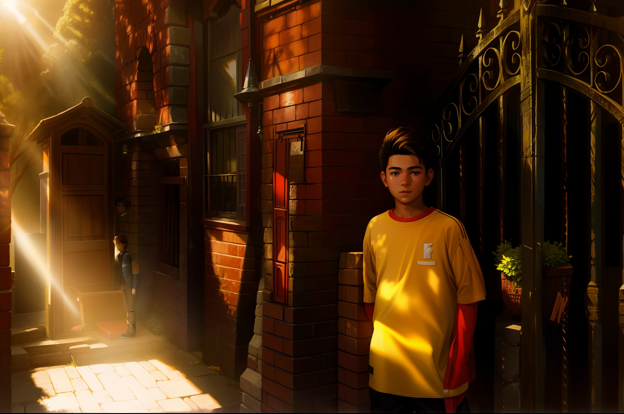 A picture，The boy stands in front of the brick gate, Sunny afternoon, portrait a 1 5 - year - old boy, vogue cover photo，sportrait, hard morning light, （tmasterpiece：1.3），8K，Super resolution，