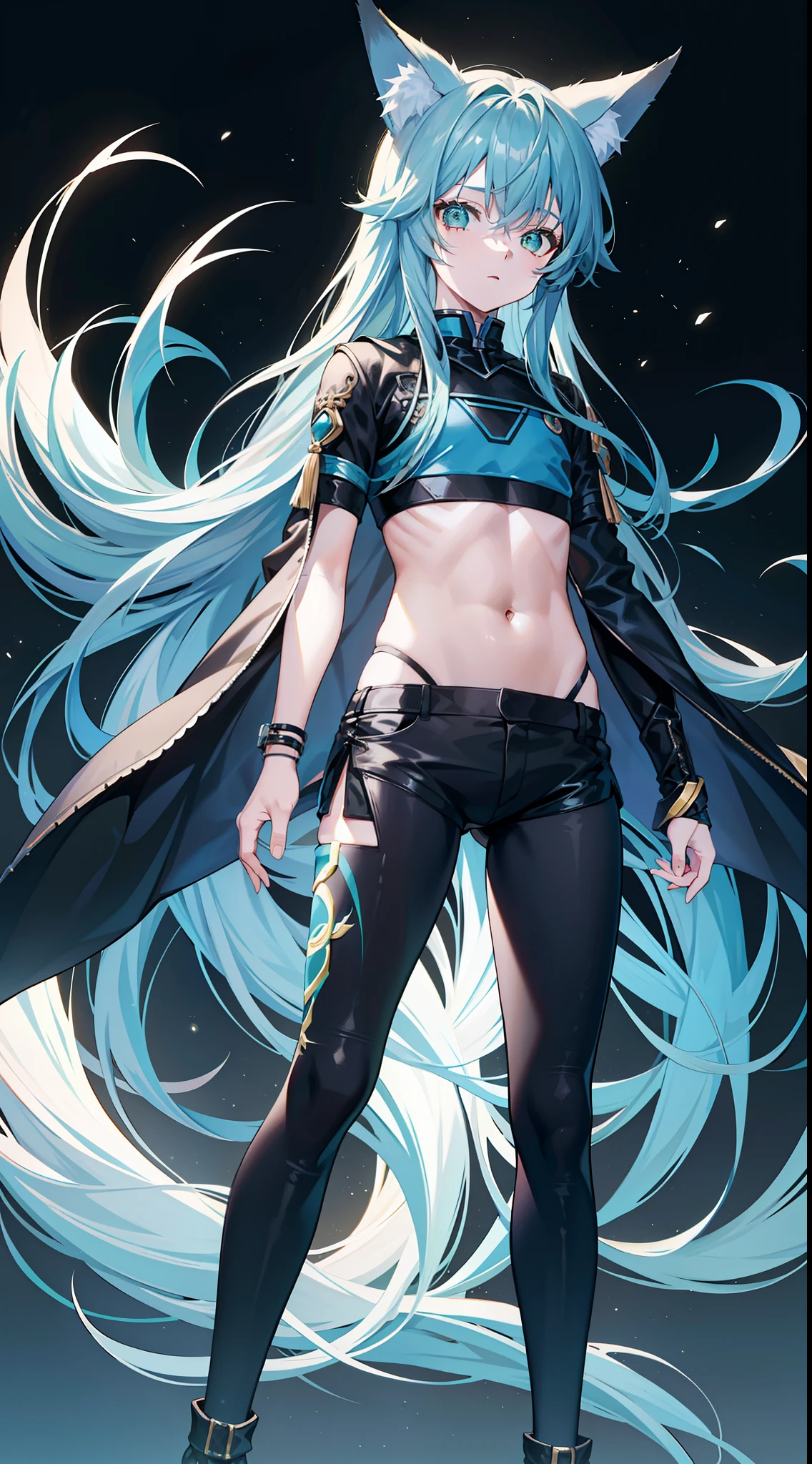 young boy, long blue hair, Fox ears, Green eyes, black skintight clothes, Shorts, open belly, Masterpiece, hiquality