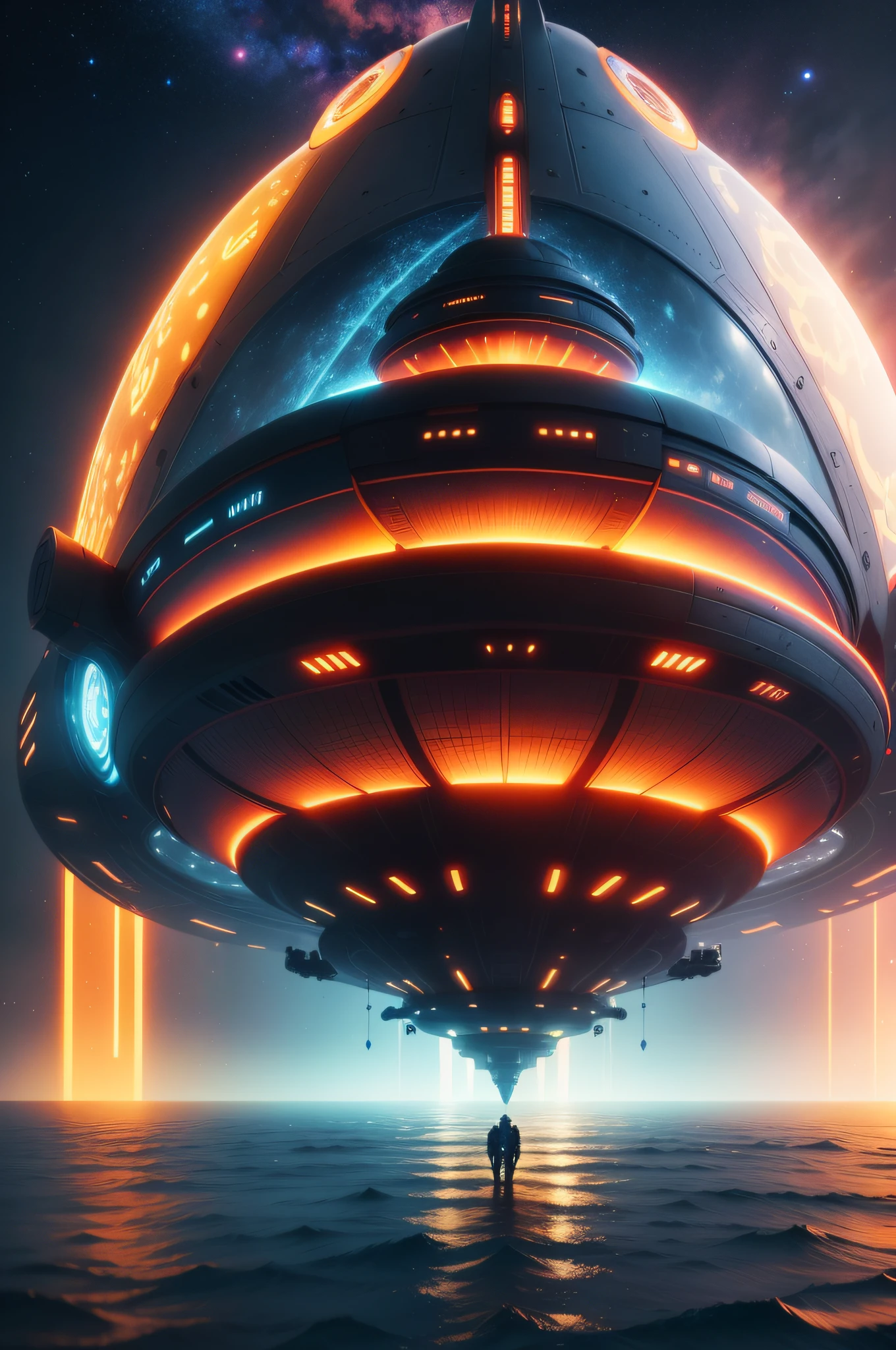 Fantasy Technology Future Technology Dream City,The vast universe,Mothership crossing:1.8,Starship(surface details:1.2),Metallic surface glossy details:1.6,Red、blueglow、The yellow light is colorful,Dream Tech,High resolution 8K