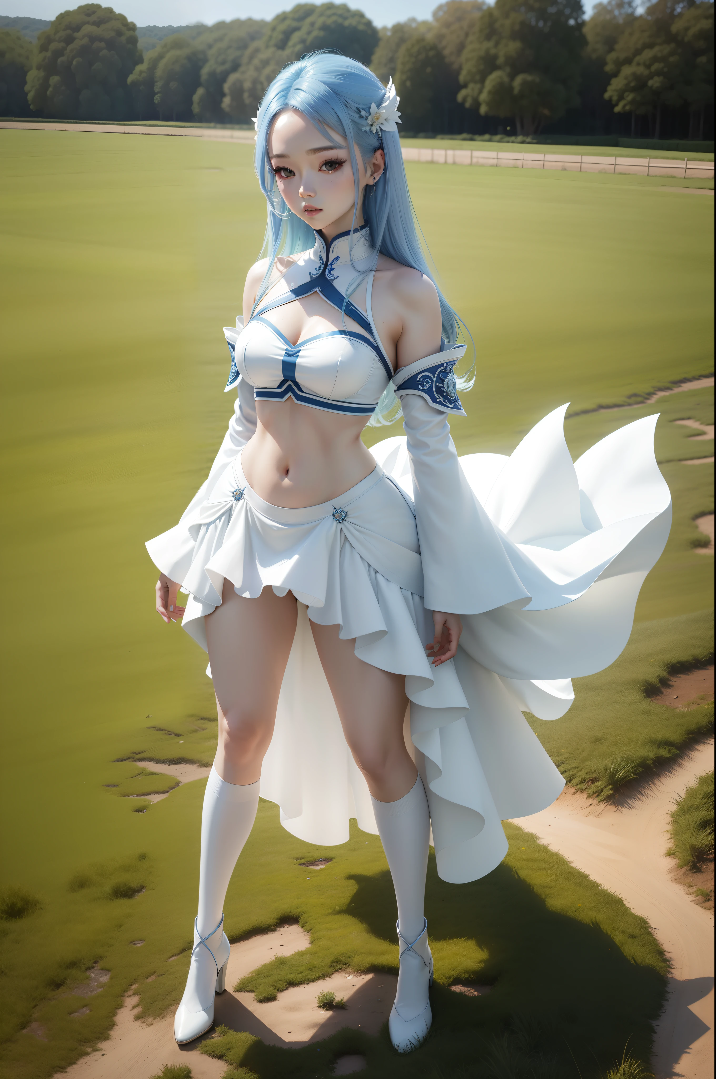"Full body view of Kim Chaewon in a white fantasy revealing outfit with blue hair. She is standing confidently using dark magic on a field, with a slight exposure of her midriff and a petite figure. The photo is captured in UHD 4K, exhibiting exquisite details."