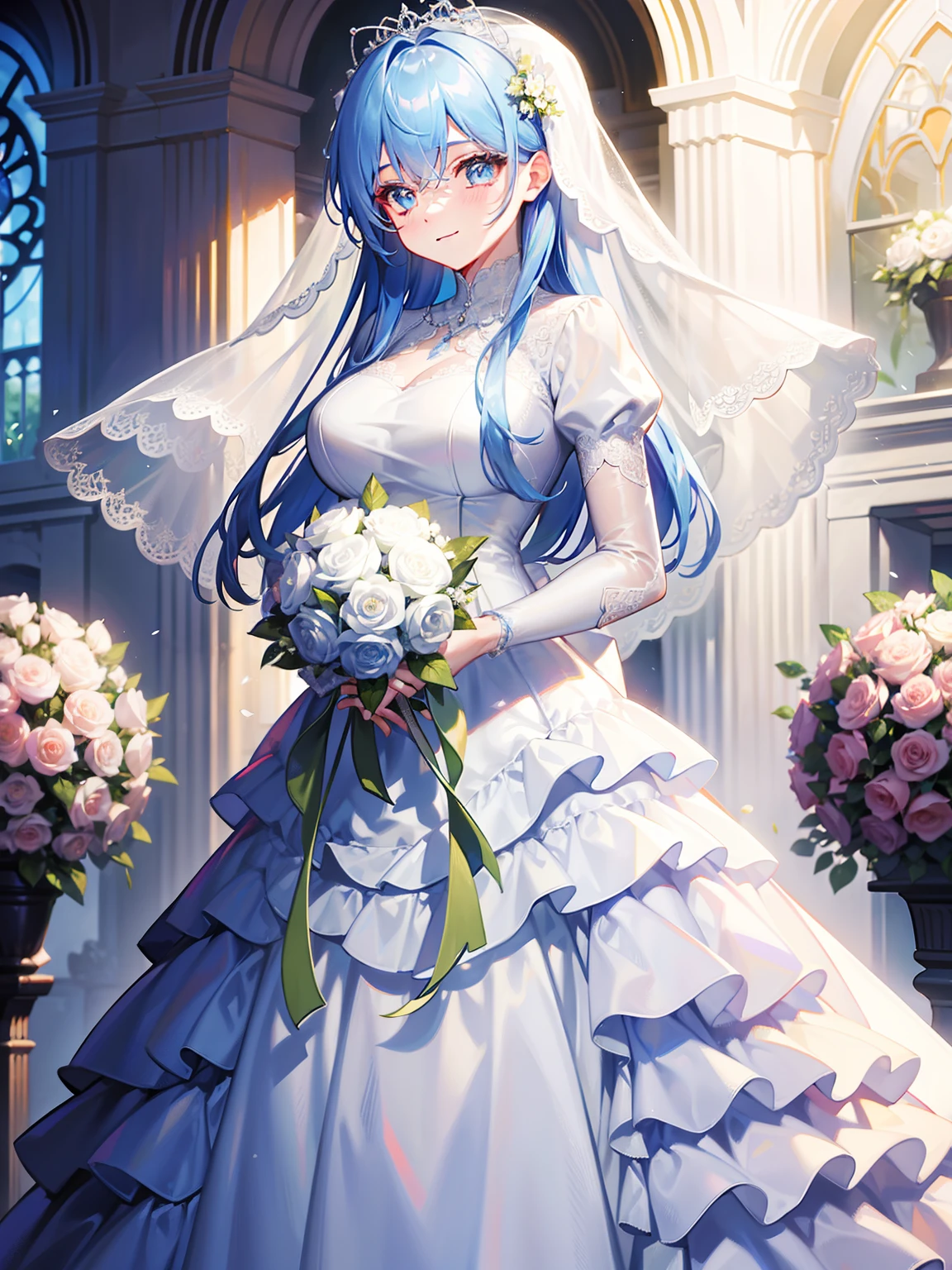 ,wedding gown,Bride,marriage,Beautifully dressed,Shiny clothes,Lace on clothes,Clothes lace,Large skirt,Lace trim,stand posture,facing the front there,Flowers in hand,ssmile,light yarn,full bodyesbian,cleanness