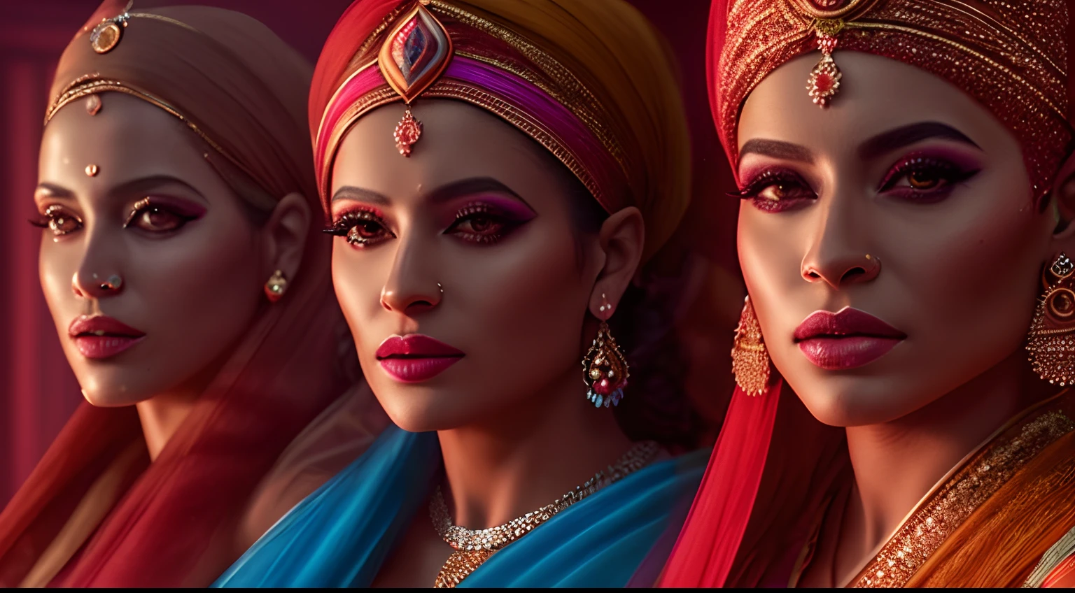 Three women in colorful clothes stand in a line, stunning digital illustration, Indian Empress, mulher da beleza com rostos detalhados, middle eastern skin, rainhas marroquinas ny, !5 three eyed goddesses, Foto retrato, cinematic goddess close shot, de princesa indiana, cinematic goddess shot, rostos femininos realistas, Mulheres bonitas, rendering of beauty pageant, bela arte digital, 8k portrait render