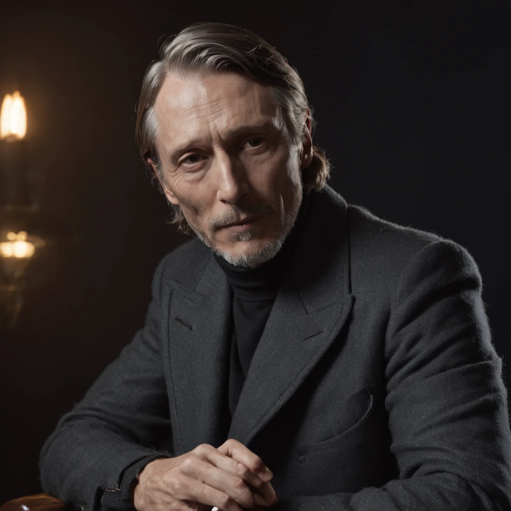The Arafeld man sat in a chair in the dark room, Mads Mikkelsen, mads mikkelsen smoking cigarette, wearing a turtleneck and jacket, editorial photograph, Greg Rutkowski's style, author:Adam Sachs, photoshoot, Ian Hubert's style, Aiden Gillen, Inspired by Alaskair Grant Taylor, inspired by Harrington Mann, author:John Murdoch,Holding a badminton racket,On the pitch
