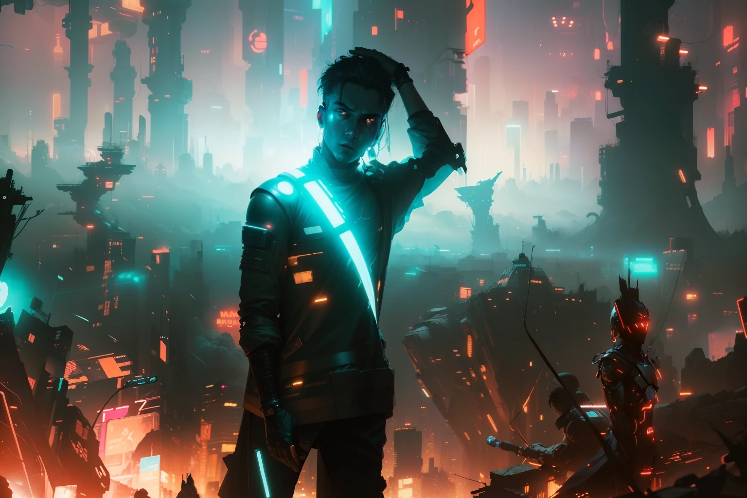(best quality:1.3), (best performance:1.2), (best illustration:1.2), (Comic style:1.2), (artistic cinematic lighting:1.2) (1man) wearing futuristic technological Cyberpunk electronic robes, his body is covered by metallic parts, in a cinematic horror movie background in a futuristic Cyberpunk city.