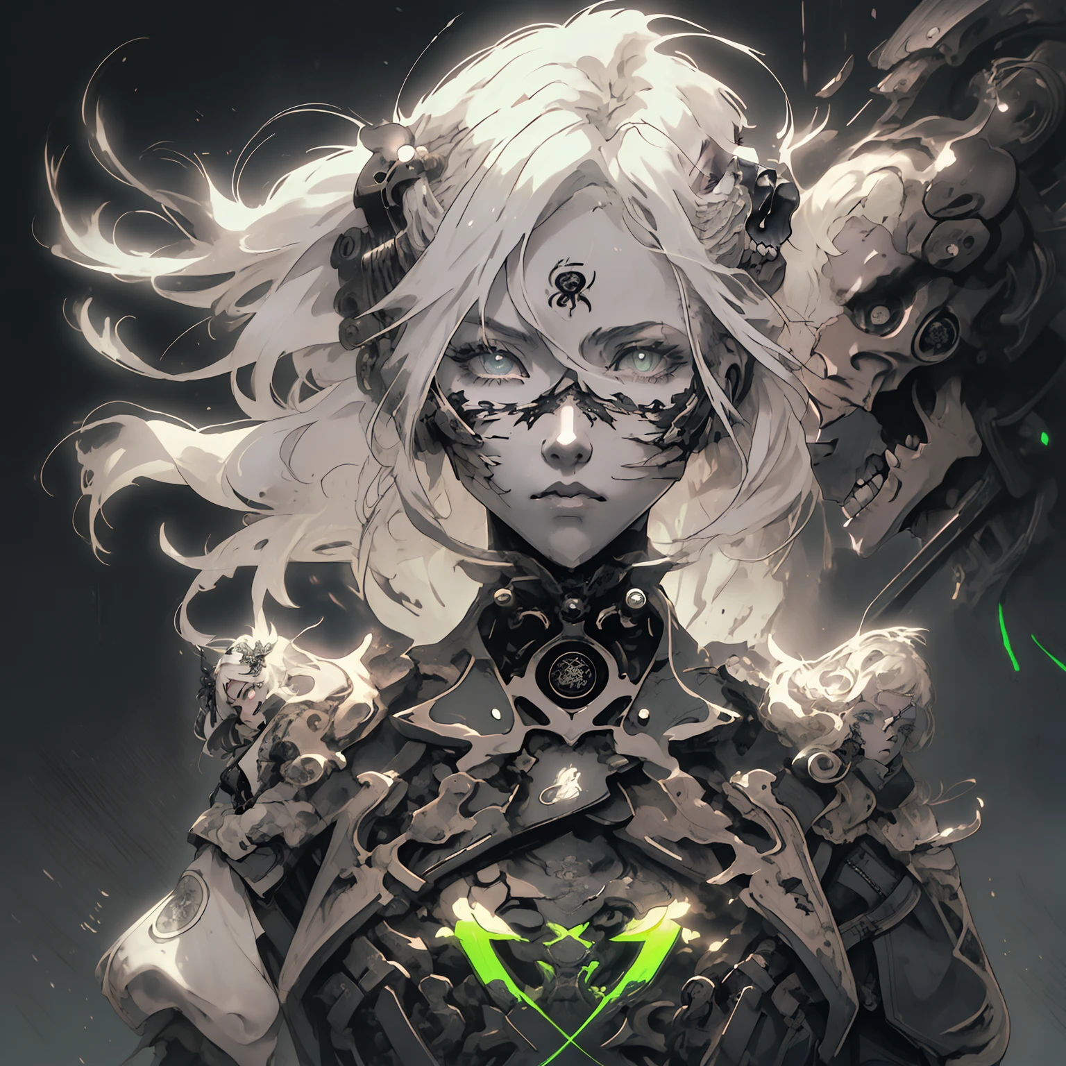 An anime style photo of white haired warrior in a jacket standing in the middle of a neon-lit road, holding a katana , her katana blade glowing in the darkness. Masterpiece, 8K, Hd, anime style , cyberpunk , tattoos all over her body, post apocalyptic, Hyper detailed, Intricate design, ultra high detailed, super resolution, Ariel view, battle stance, preparing for fight, serious expression, Hyper Detailed katana , Masterpiece , —chaos 45
