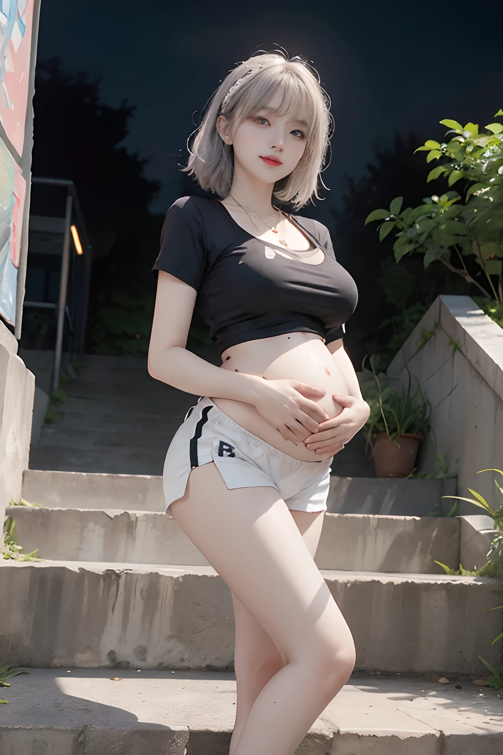 Top image quality、RAW photography、超A high resolution、Shooting from the side、bright silver hair、Bright white hair、Bursting smile、Raise the corners of one mouth、16-year-old Korean、(Very big belly)、(pregnant woman)、(Fluid flows from the crotch)、very large round breasts、nedium breasts、Cropped T-shirt、Running Wear、trainingwear、running shorts、White skin of the、Shiny white skin、a short bob、Beautifully aligned bangs、beautiful eyes of random colors、Very thin lips、Beautiful eyes finely detailed、Elongated eyes、pale pink blush、long eyelasher、beautiful double eyelid、eye shadows、beautiful and thin legs、beautiful foot、Beautiful navel、Beautiful abs、Beautiful ribs、beautiful constriction、Beautiful hip line、a necklace、耳Nipple Ring、hair adornments、Park at night、Stairs at night、concrete wall、Lean against the wall