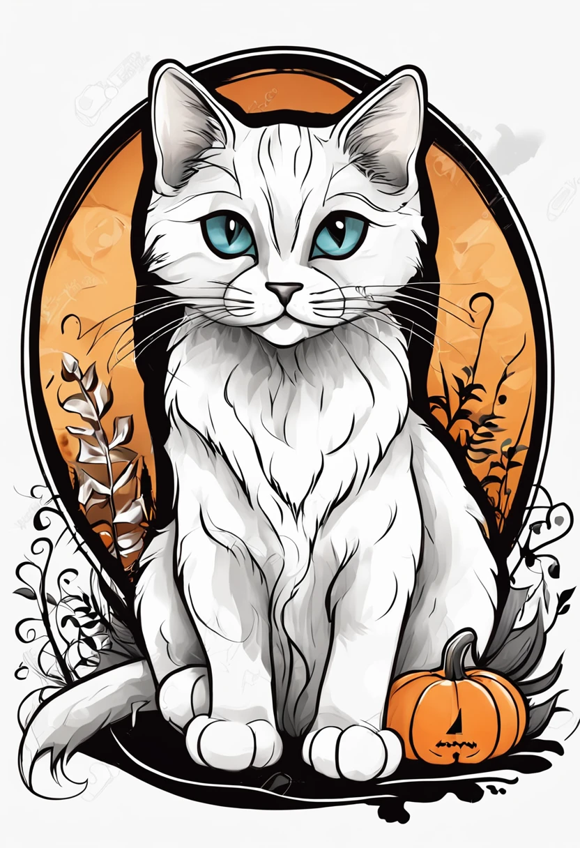 Image Type: A cute stylized digital illustration of a black and white kitten sitting next to a pumpkin and jack o lantern. The illustration should be in a halloween art style, with a vector art aesthetic. The kitten should be depicted in a cute and adorable manner. The artwork should be colorful and have a cute and detailed art style. The resolution should be high, preferably 4K, to showcase the details of the illustration.