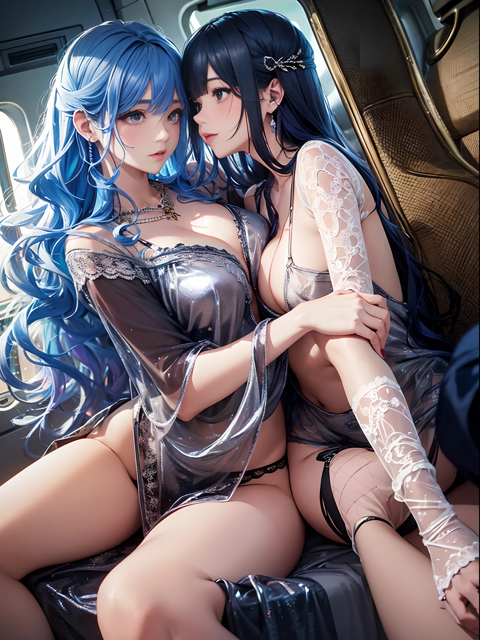 （Enrich the picture，Masterpiece level quality）Beautiful 8K CG artwork，Goddess-like posture，Sitting in the cabin of an airplane，Postural exercises，Slim and soft，Translucent skin，blue hairs、The beauty of extra-long hair, Super Long Straight Hair，The skin is fair and juicy，Big breasts lingerie miniskirt uniform，Perspective Part 1.2x enhanced silhouette effect，Exquisite transparent blues pattern in pajamas，The details are intricate and exquisite，The background is slightly blurred，Charming and lustful leg seduction，Drool，K cup big breasts，Blush，Japan goddess，Perfect body slim curves，Cabin scene，Lace panties can be seen，Red left eye，The right eye is green，2 beautiful women hugging and kissing together，