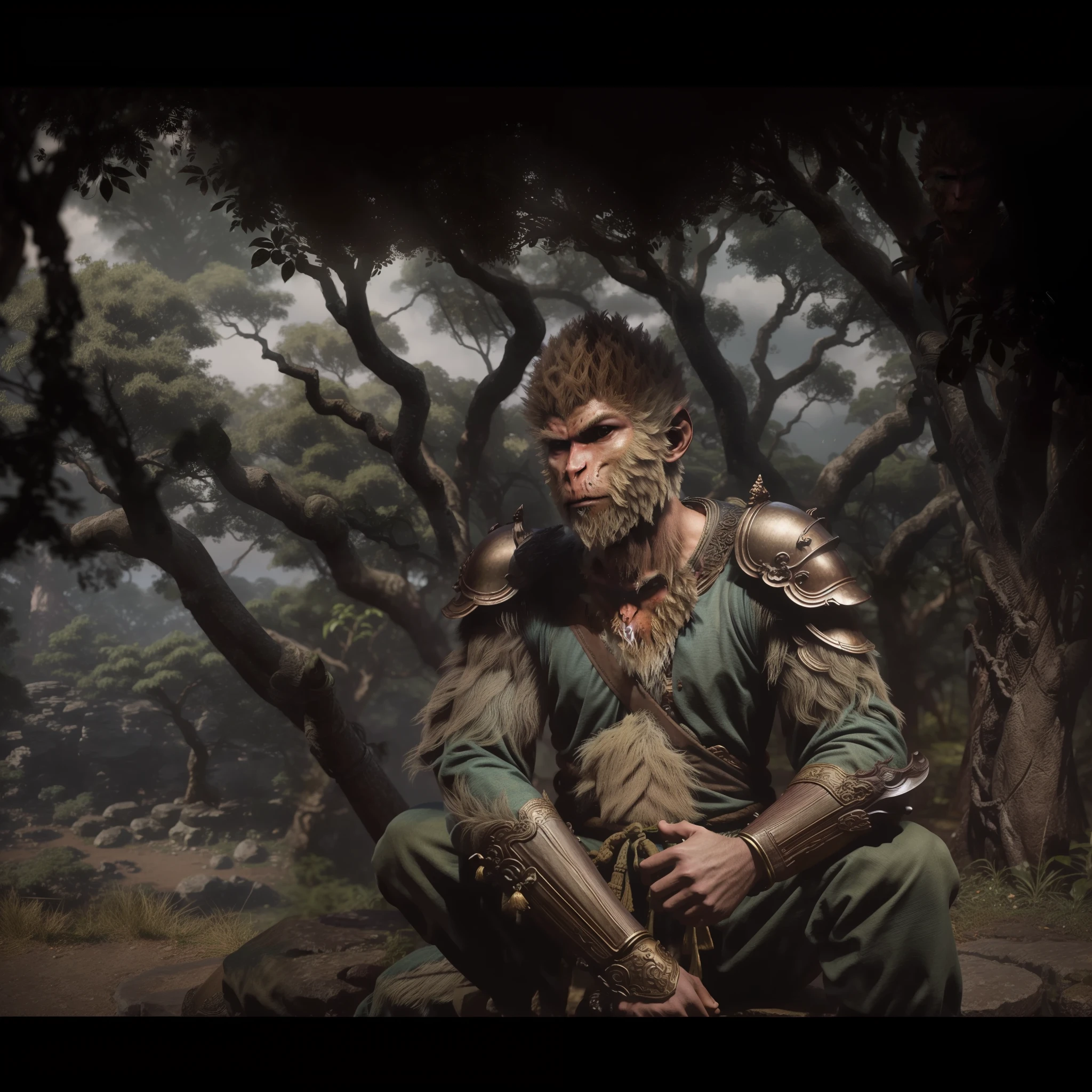 Portrait of Wukong, wearing light armour, sitting and resting under a tree. Light filtering through the trees.