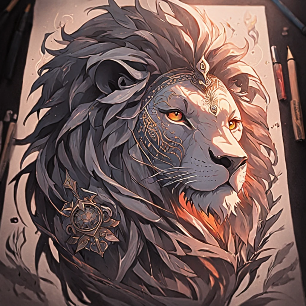 "Chicano tattoo with intricate details and bold lines, Black and gray lion on display, Perfectly balanced using the golden ratio."