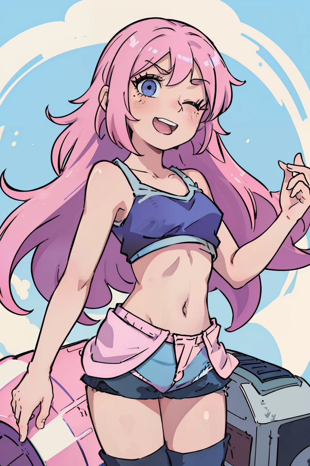 Solo, girl with, Petite, , 10 yei, Pink hair, Long hair, Quirk hair, Intake of large amounts of hair, shiny eyes, Blue eyes, Sleeveless, off shoulders, (tube top:1.5), (hot pants:1.5), summer, laughing, one eye closed,