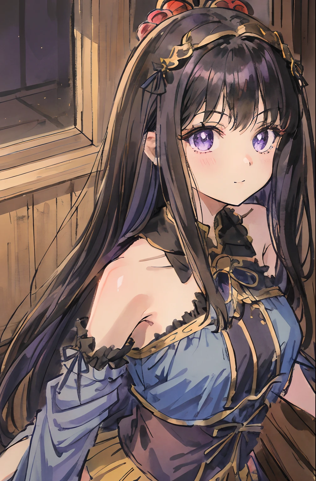 A beautiful and cute girl, huge smile、Idle Pose、1girl in, Solo, Long hair, A dark-haired,Purple eyes, hair messy, long hair bangs, Beautiful detailed eyes, Looking at Viewer, deadpan, Closed mouth, Portrait, Bangs,Blue Idol Costume,corsets、Blue hair ornament、Upper body, Small breasts, Backlight, stage