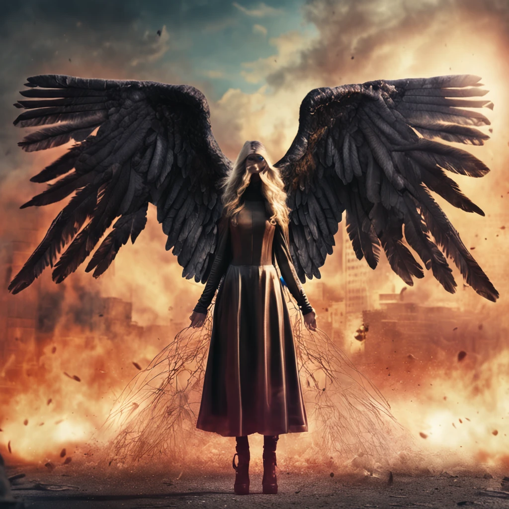 La mejor calidad, Obra maestra, ultrahigh resolution, (realistic photograph:1.4), surrealismo, dream-like,FusionArt, angel caido malvado femenino con alas enormes de fuego tirado en el suelo, en una ciudad apocaliptica en llamas, Magia de sombras, Control de la oscuridad, sigilo, Shadowstep, Hechizos de umbral, Cuchilla oculta,