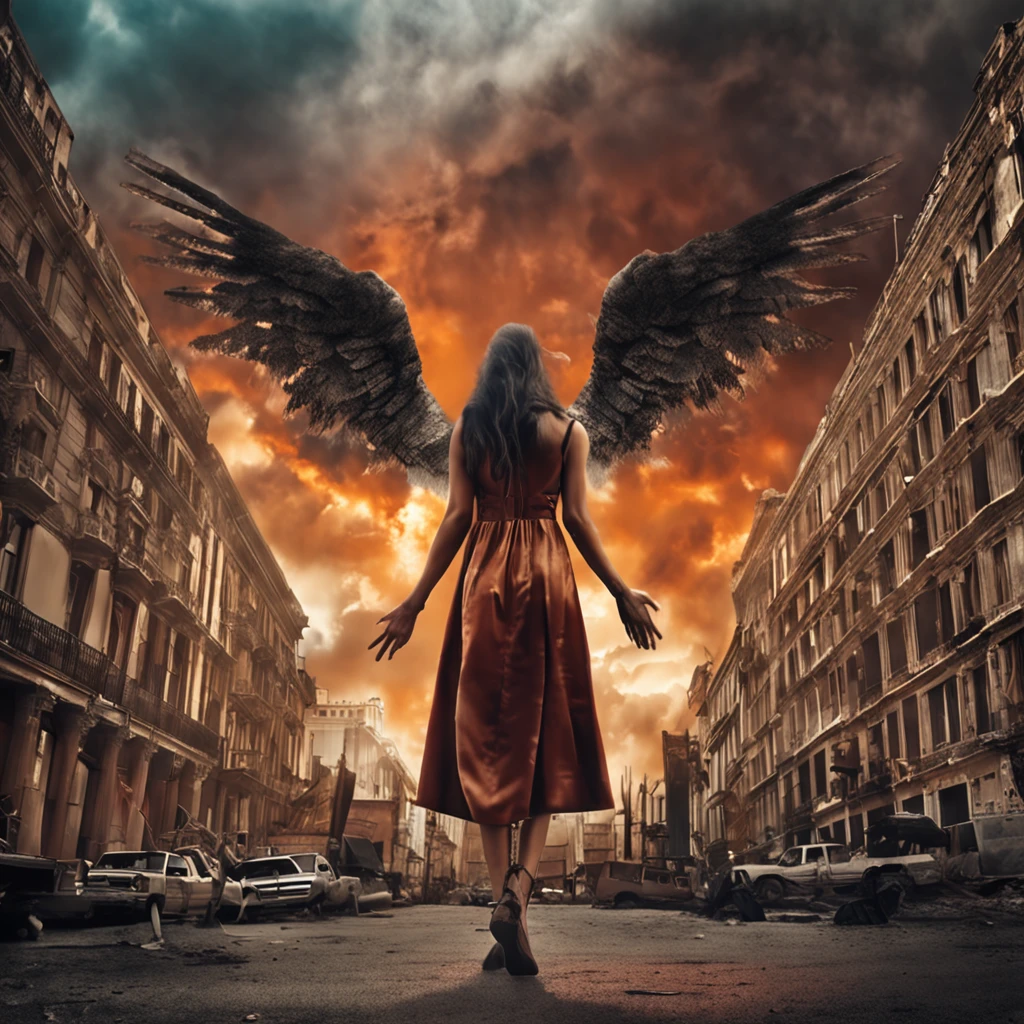 La mejor calidad, Obra maestra, ultrahigh resolution, (realistic photograph:1.4), surrealismo, dream-like,FusionArt, angel caido malvado femenino con alas enormes de fuego tirado en el suelo, en una ciudad apocaliptica en llamas, Magia de sombras, Control de la oscuridad, sigilo, Shadowstep, Hechizos de umbral, Cuchilla oculta,