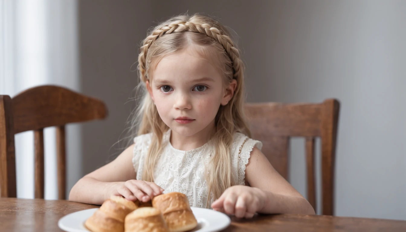Blonde girl long hair braids , There is a plate of food with bread, mortadela e queijo e uma bebida,