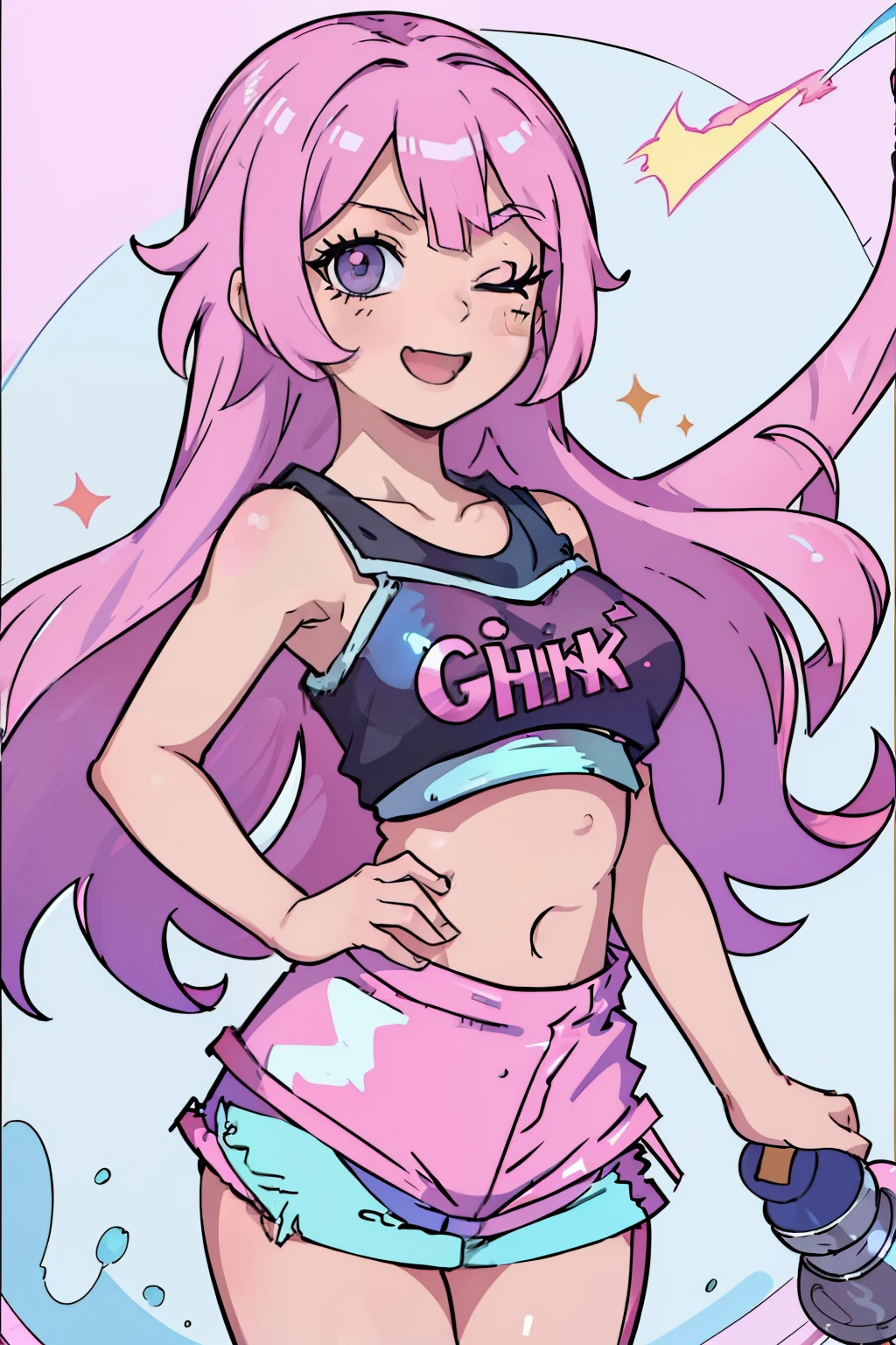 Solo, girl with, Petite, , 10 yei, Pink hair, Long hair, Quirk hair, Intake of large amounts of hair, (shiny eyes:1.5), Blue eyes, Sleeveless, off shoulders, (tube top:1.5), (hot pants:1.5), summer, laughing, one eye closed, large breasts, under boob,