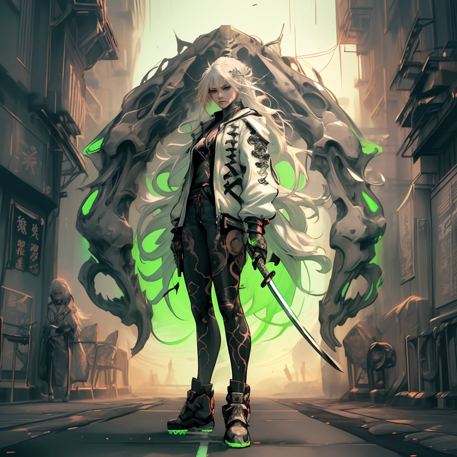 An anime style photo of white haired warrior in a jacket standing in the middle of a neon-lit road, holding a katana , her katana blade glowing in the darkness. Masterpiece, 8K, Hd, anime style , cyberpunk , tattoos all over her body, post apocalyptic, Hyper detailed, Intricate design, ultra high detailed, super resolution, Ariel view, battle stance, preparing for fight, serious expression, Hyper Detailed katana , Masterpiece , —chaos 45