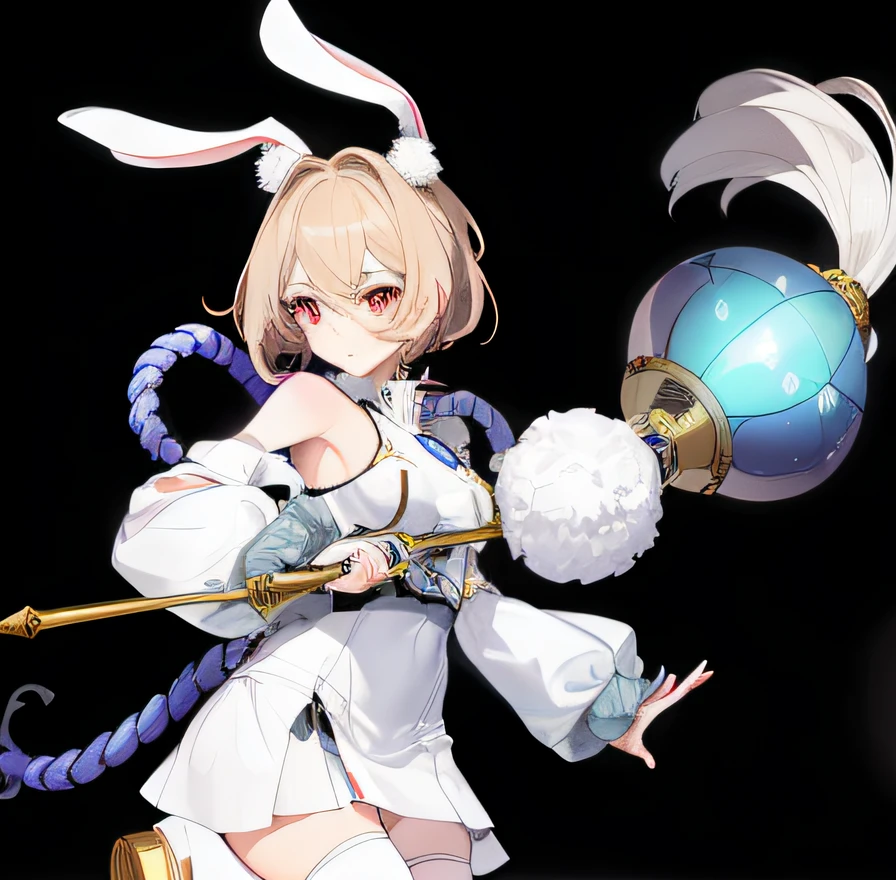 Very cute girl, White Bunny Girl cosplay, Large round fluffy tail, Tattoos, Short hair with light brown wavy hair, Big sparkling red eyes, Abs, great proportion, Full body shot, Kaleidoscope of background, anime big breast, illustration, fantasy, Portrait, animification, high resolution, Best quality, very high image quality, Ultra detailed, Ultra photo realsisim, Photorealistic