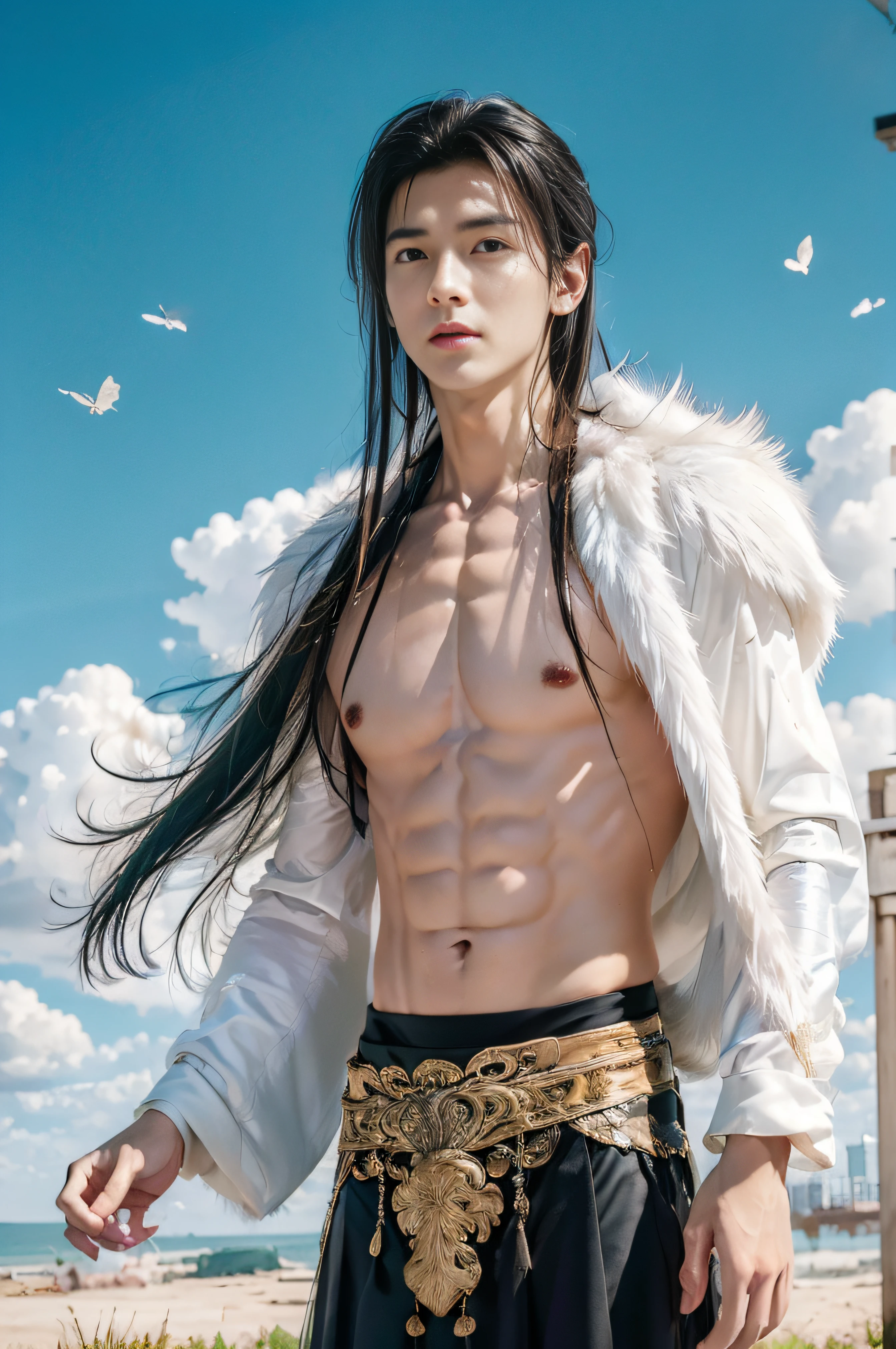 Masterpiece,Best quality,A high resolution,Gufeng Boy,Upper body,Abs, chest muscle,Open the tulle coat,Flying fish skirt