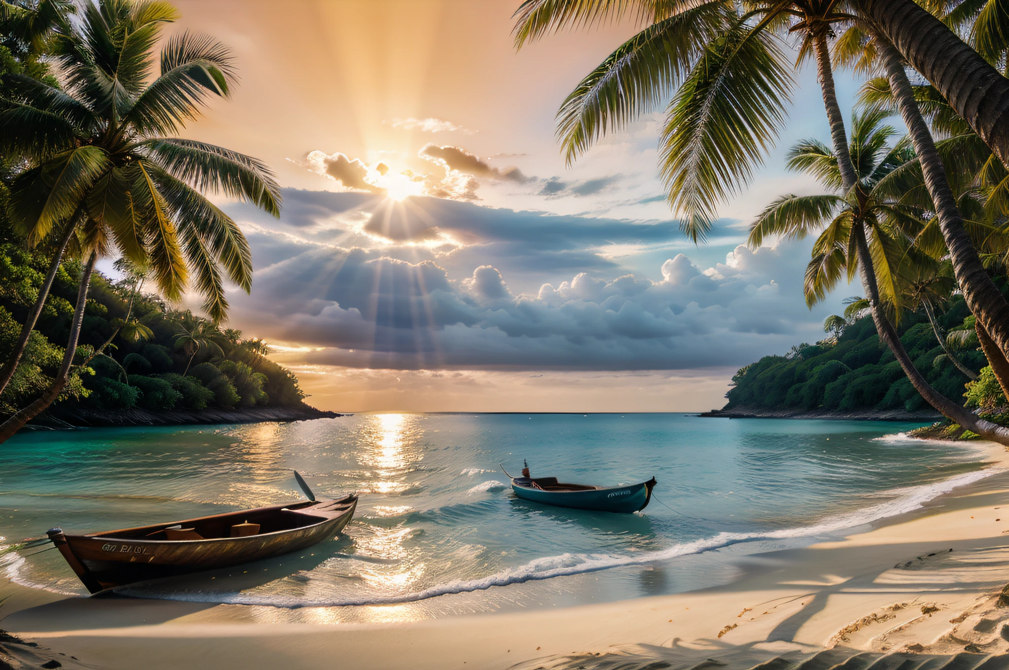 Forest trails, Sand, Sunlight shines through the leaves, Pure seawater, Calm atmosphere, Small wooden platform by the sea,small boats,Sunset,Tropical island, Beautiful painting style, Natural views