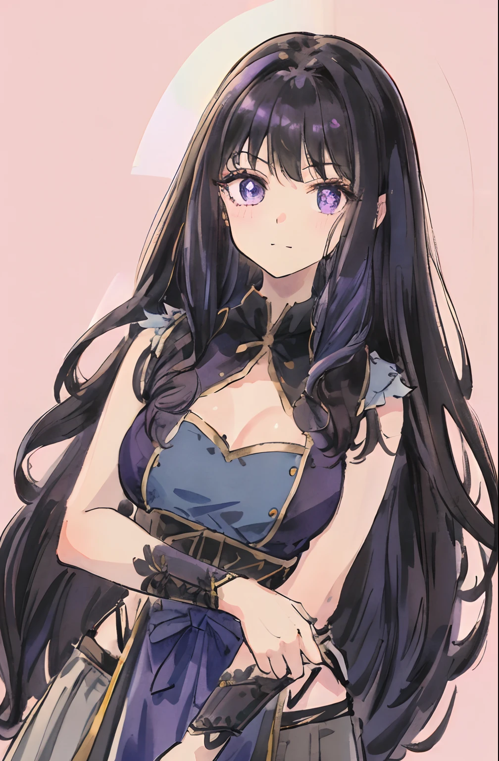 A beautiful and cute girl, huge smile、Idle Pose、1girl in, Solo, Long hair, A dark-haired,Purple eyes, hair messy, long hair bangs, Beautiful detailed eyes, Looking at Viewer, deadpan, Closed mouth, Portrait, Bangs,Blue Idol Costume,corsets、Blue hair ornament、Upper body, Small breasts, Backlight, stage