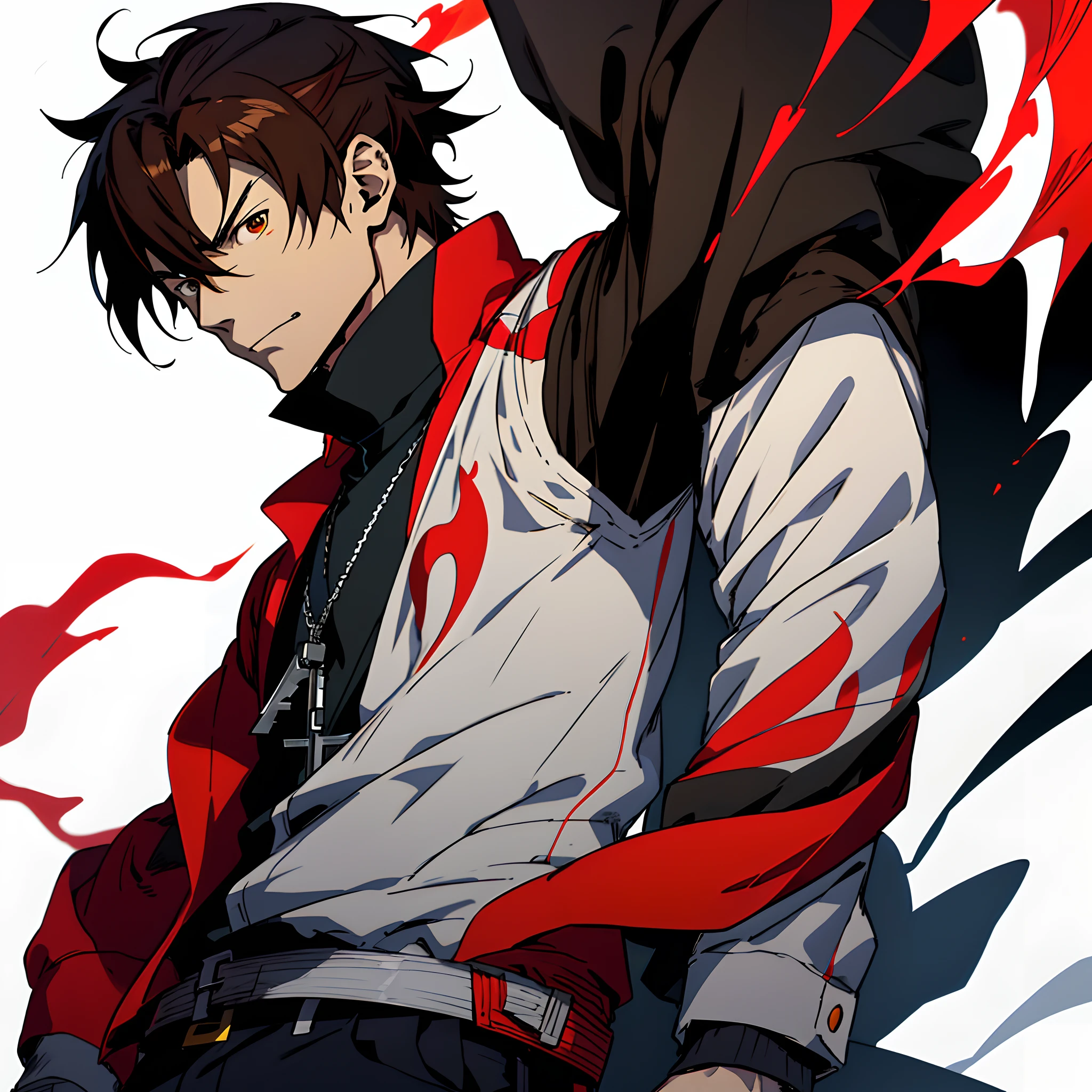 Anime character with brown hair in a black shirt with a red jacket and yellow flame, nobutaka ike, Badass anime 8 K, kazuma kaneko, anime fencer, Key anime art, shigenori soejima illustration, Kazuto Okada，hajime yatate, male anime character