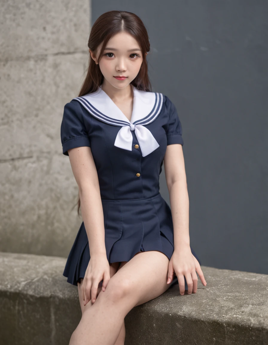 Slim body type women、White short sleeve sailor uniform、Pleated skirt with dark blue check、A smile、Colossal tits、bangss、a junior high school student、‎Classroom、real looking skin、poneyTail