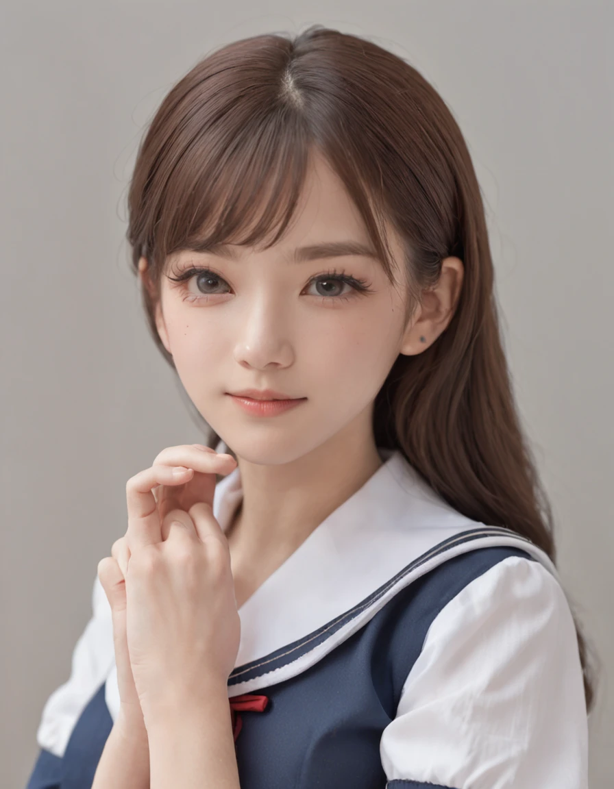 Slim body type women、White short sleeve sailor uniform、Pleated skirt with dark blue check、A smile、Colossal tits、bangss、a junior high school student、‎Classroom、real looking skin、poneyTail