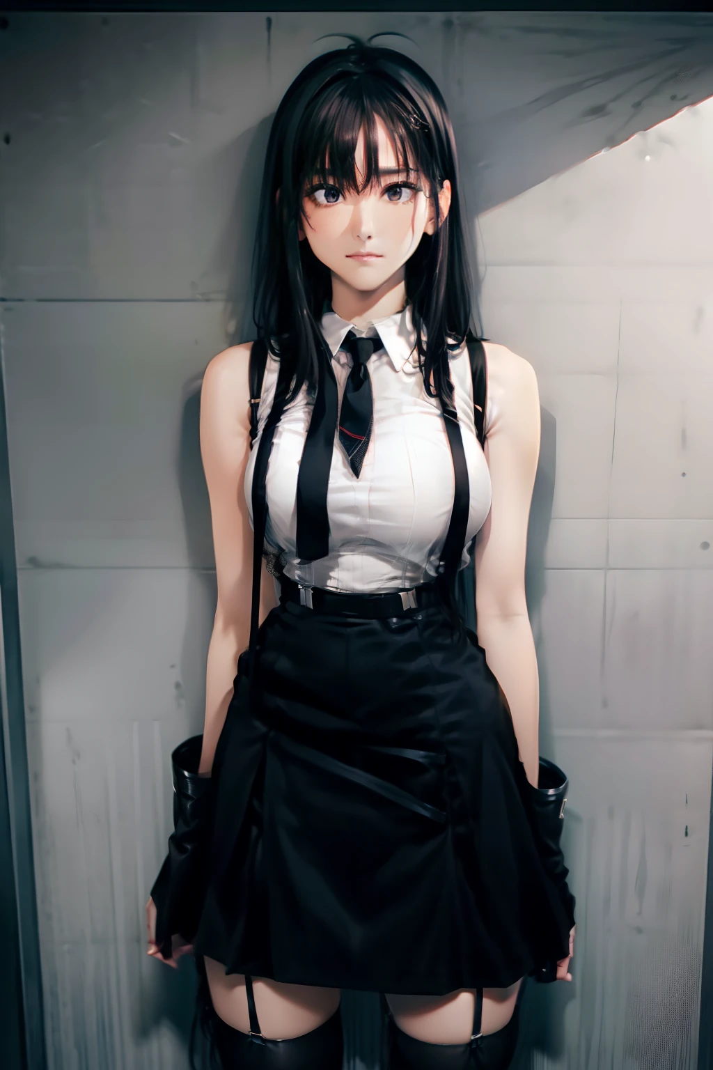 a black skirt, neck tie, Tank tops　suspenders, Long Black Hair, Gray eyes, holster, Garter belt on the legs, , Big breasts, Pichi Pichi clothes, both sides　deadpan　Behind