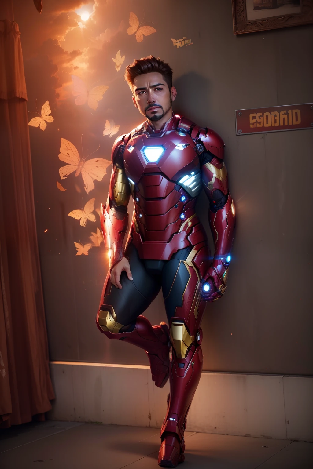 Background change, beautiful sunset on handsome boy, Iron Man suit the real face 8k,