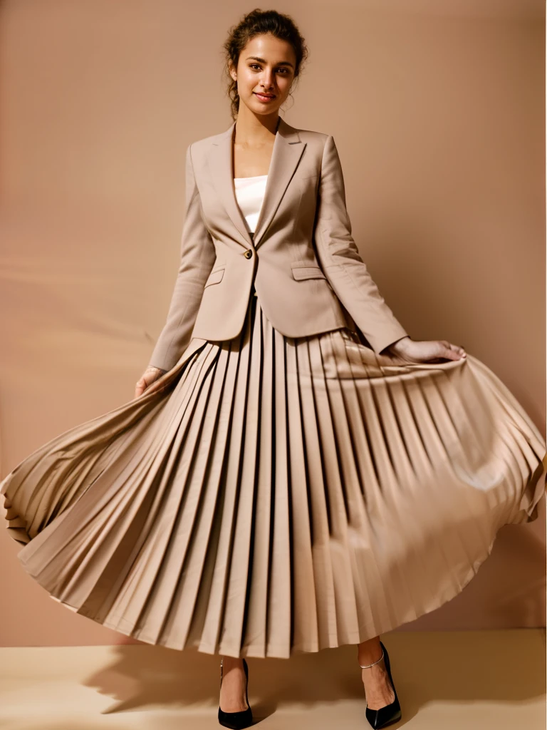 very (shy smiling:1,1) good woman wearing a short blazer with a very very detailed (long (fully pleated) full circle skirt) and (simple) low heeled office shoes, very very intricate hyper-detailed symmetric (attractive graceful young feminine face) with (sad, tired eyes and a shy smile), large breasts, full of empathy and compassion and love, (pronounced (feminine) features), (highly detailed ultra accurate realistic) hands and fingers, (windy conditions and wind blowing), epic composition, highly detailed attributes, highly detailed atmosphere, (35mm f1.4 Kodak portra 400 photograph), extremely high quality RAW photograph, (deep space travel),