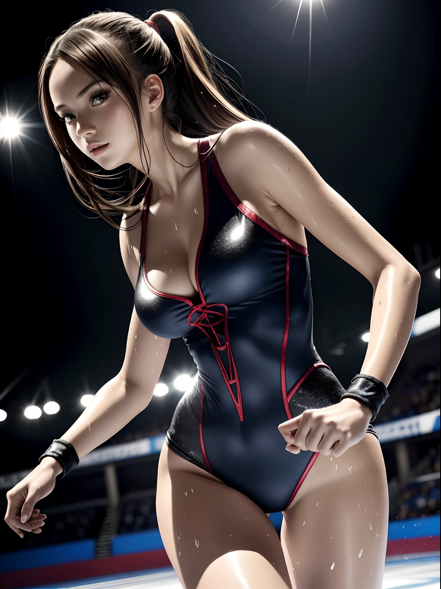 ((masutepiece)),((High resolution)), Dramatic Lighting,  Sharp Focus,  16k UHD,
Ultra-realistic illustrations,1beautiful girl ,Figure Skating Uniforms,Teenage girl,Detailed little cute face,Large breasts,nice legs,wet skins sweat,Figure Skating Venues,Dynamic Angle