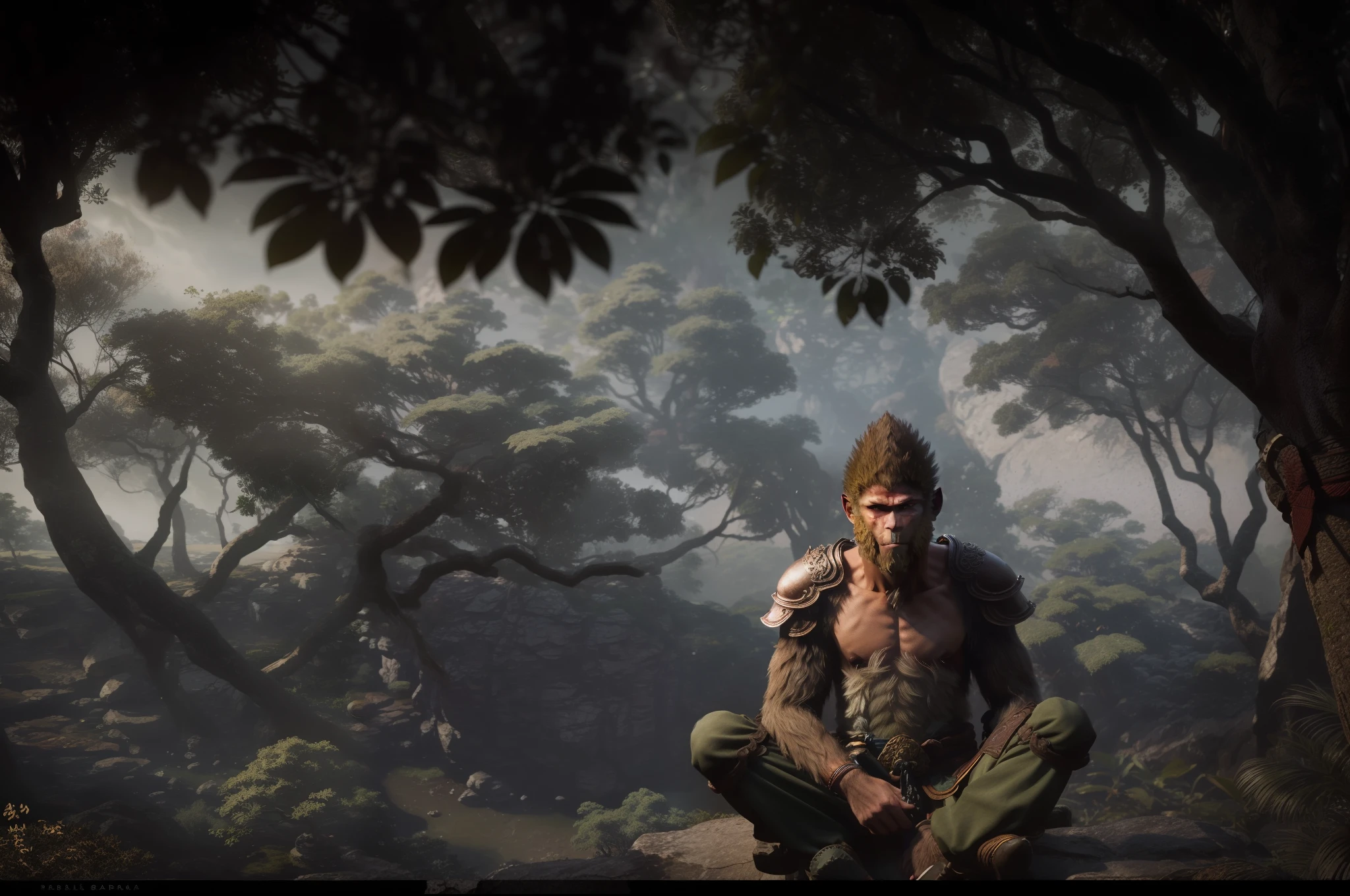 Portrait of Wukong, wearing light armour, sitting and resting under a tree. Light filtering through the trees.