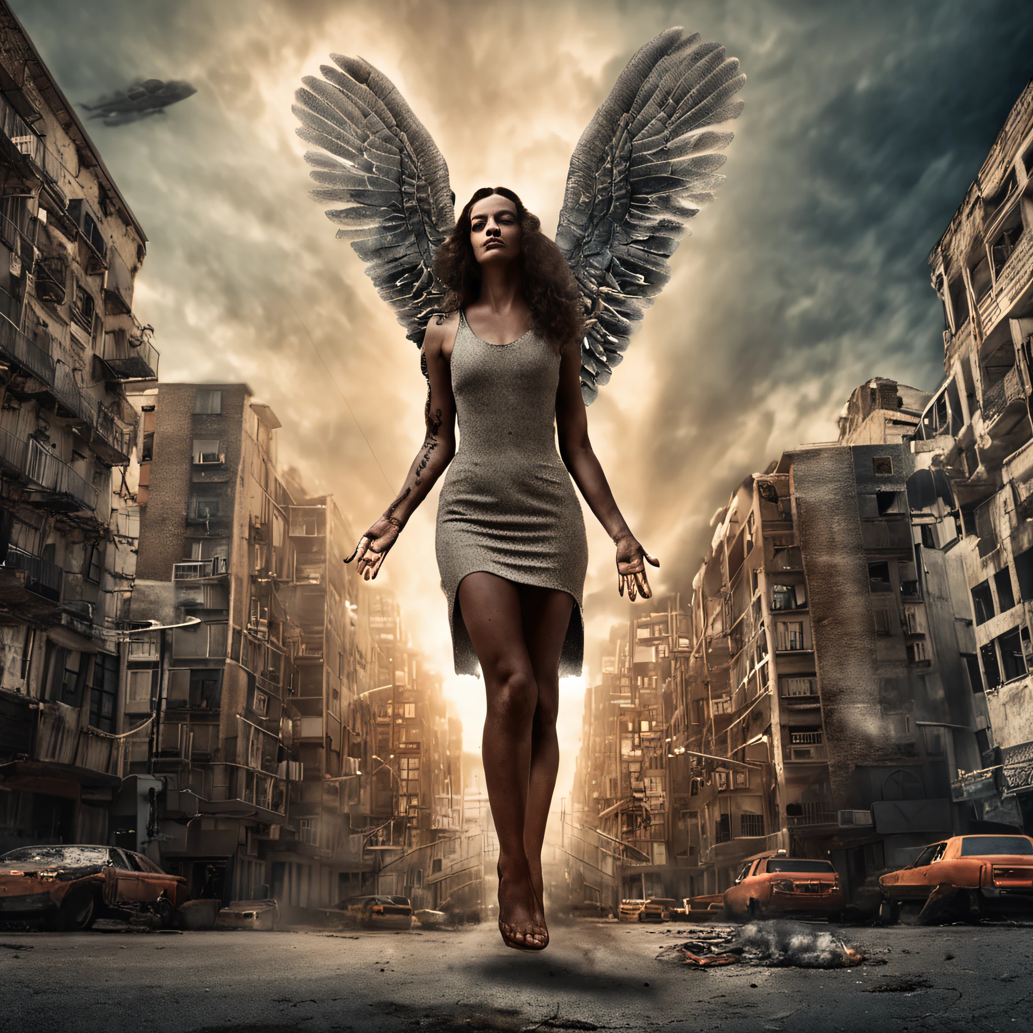 La mejor calidad, Obra maestra, ultrahigh resolution, (realistic photograph:1.4), surrealismo, dream-like,FusionArt, angel caido malvado femenino con alas enormes de fuego tirado en el suelo, en una ciudad apocaliptica en llamas, Magia de sombras, Control de la oscuridad, sigilo, Shadowstep, Hechizos de umbral, Cuchilla oculta,